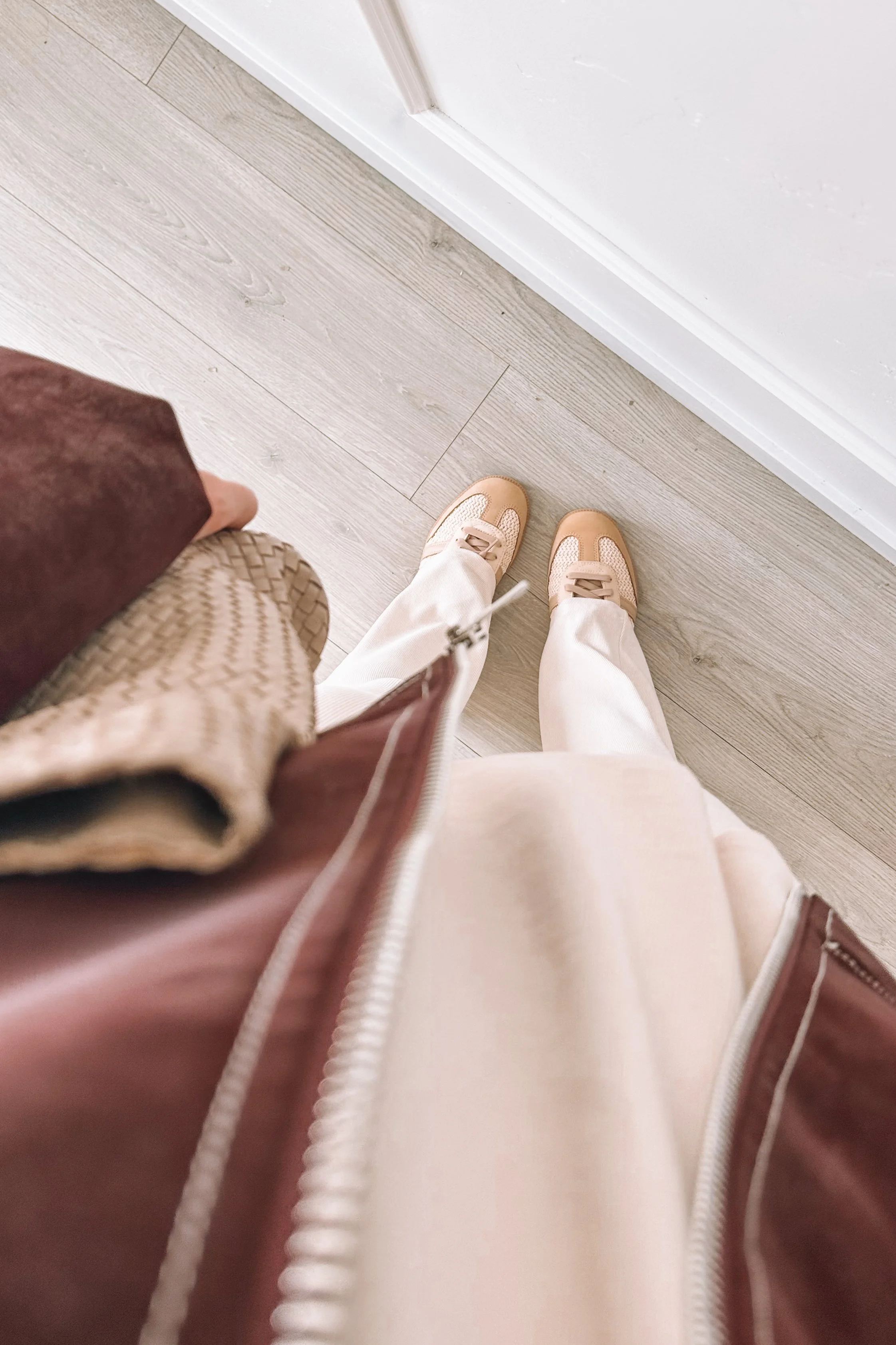 Comfy but put together ivory set with bomber jacket and Sambas