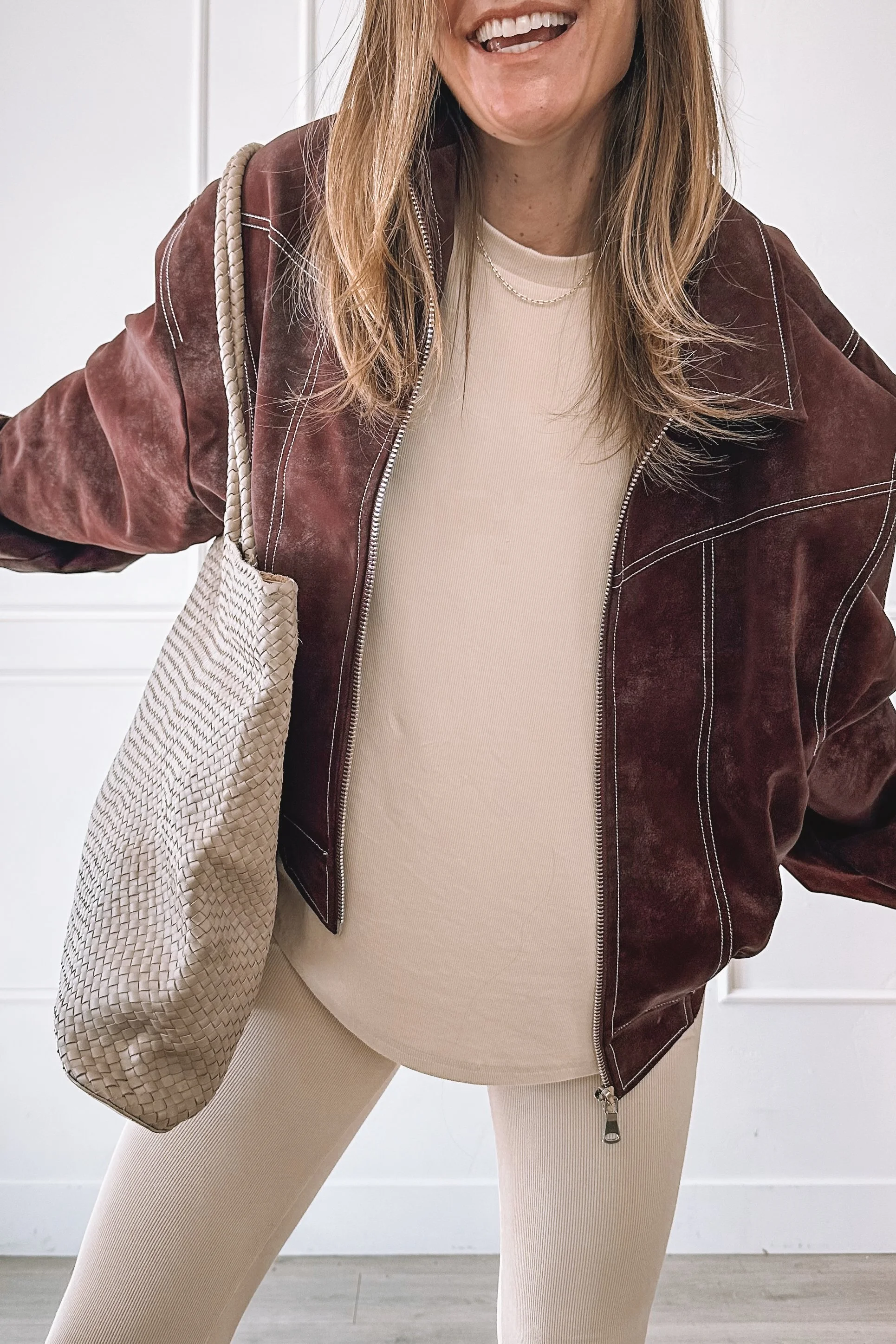 Comfy but put together ivory set with bomber jacket and Sambas