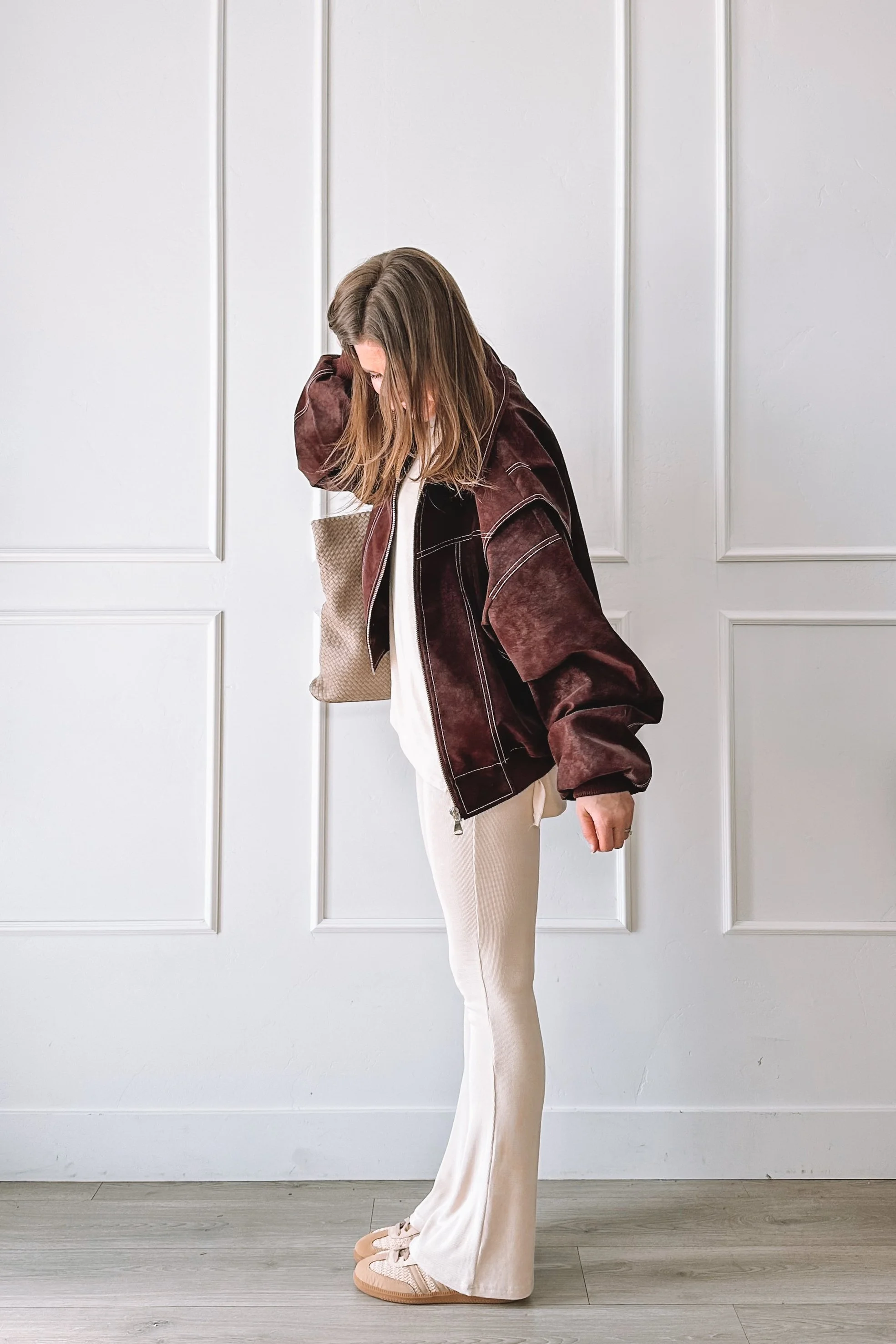 Comfy but put together ivory set with bomber jacket and Sambas