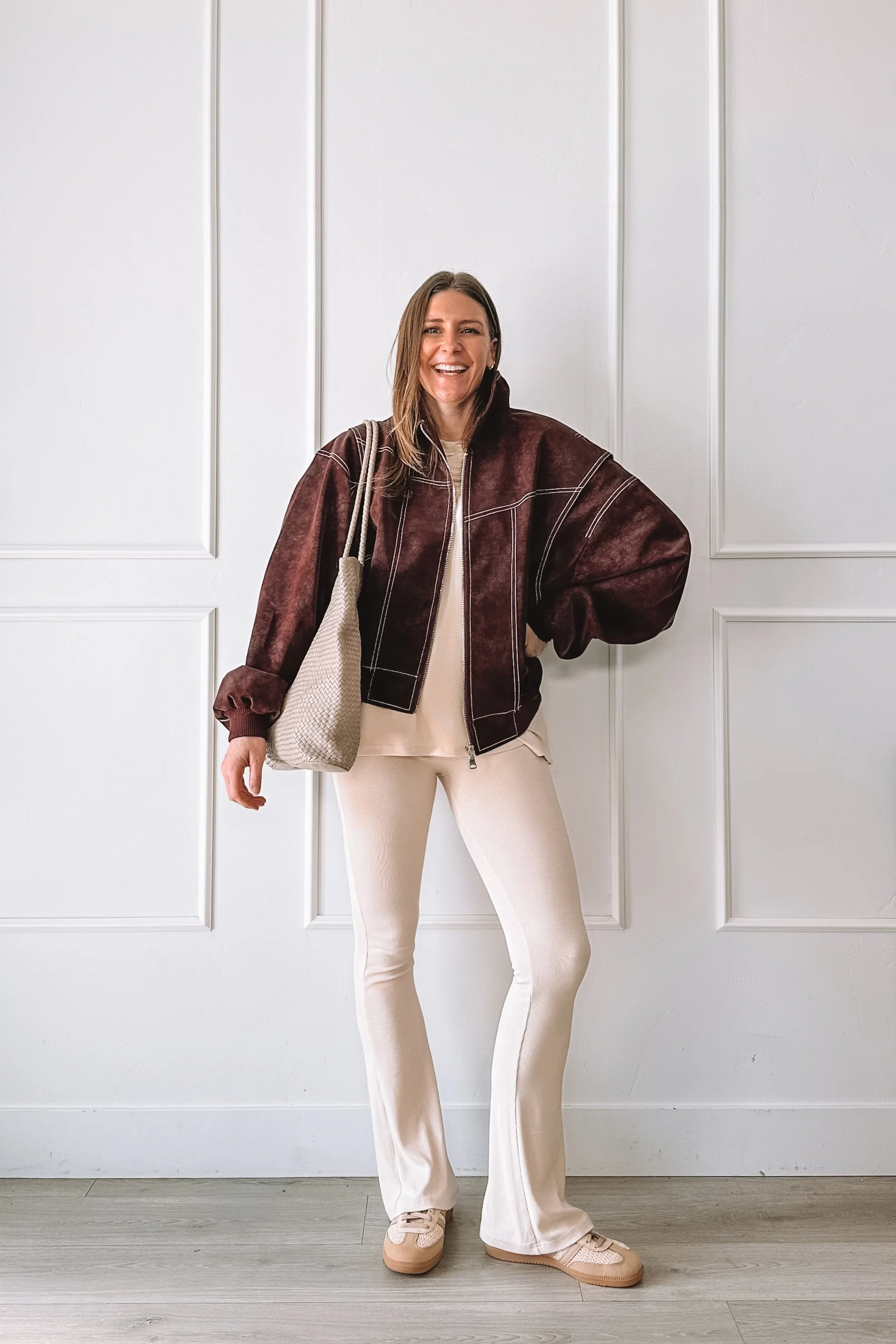 Comfy but put together ivory set with bomber jacket and Sambas