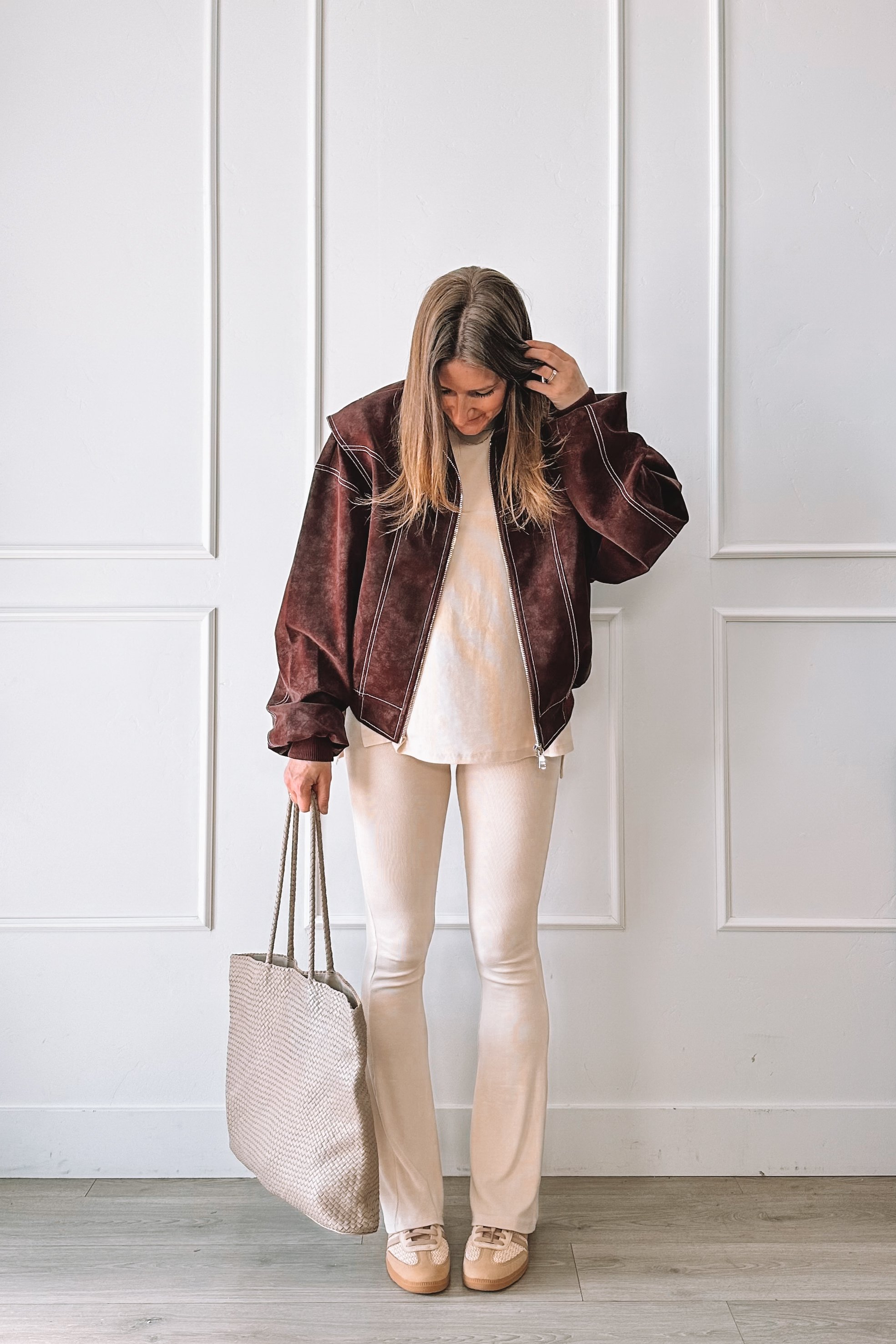 Comfy but put together ivory set with bomber jacket and Sambas