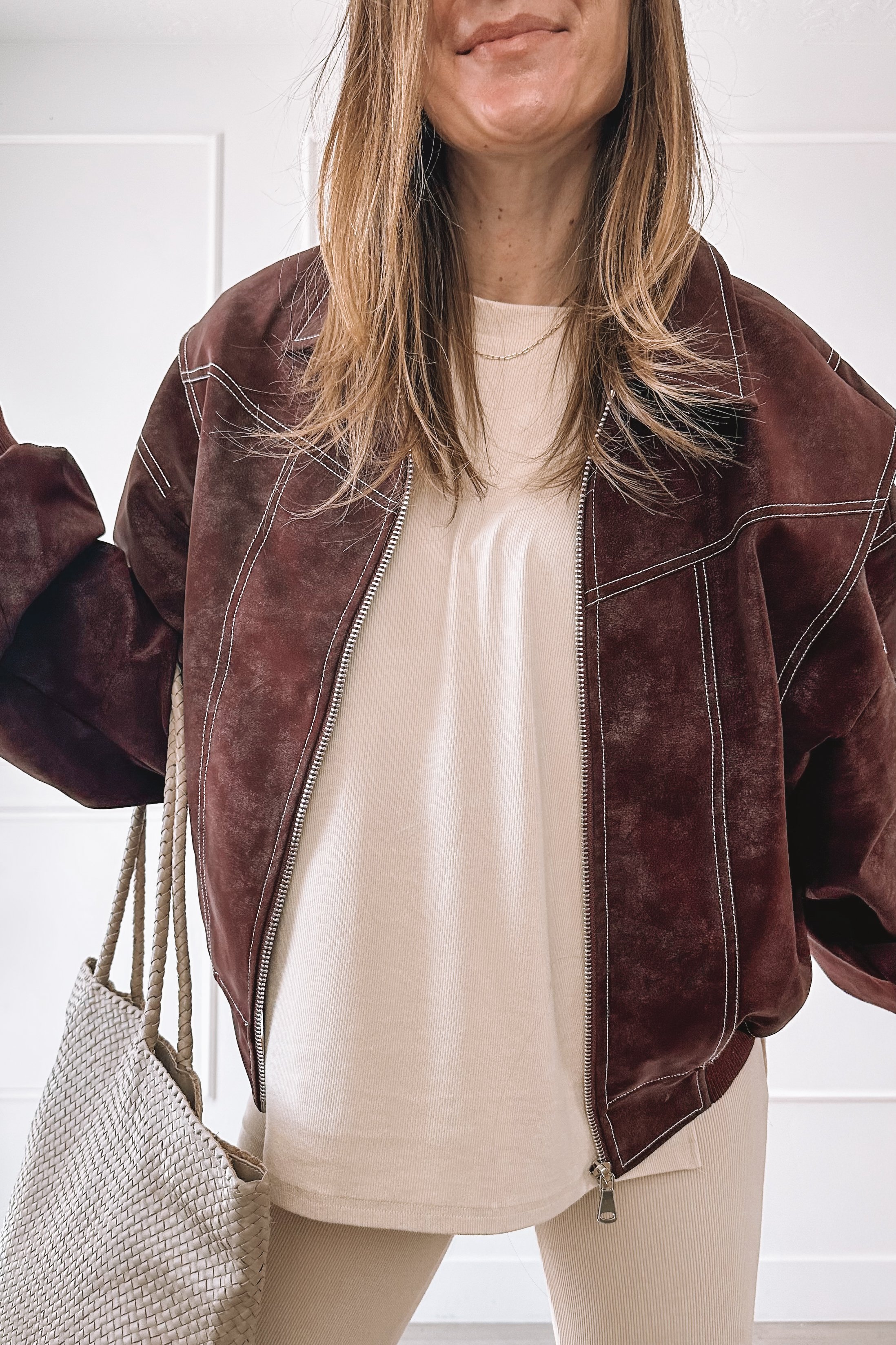 Comfy but put together ivory set with bomber jacket and Sambas