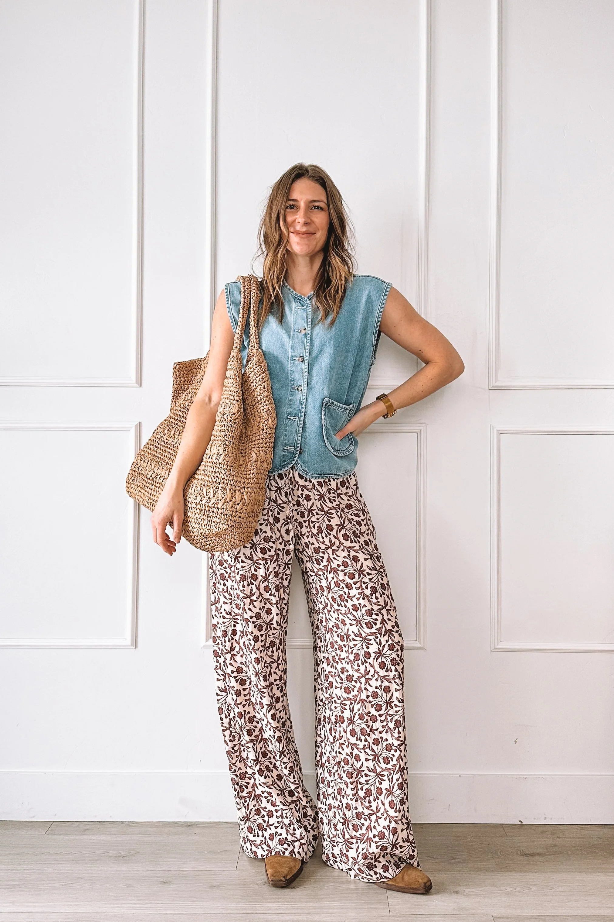 printed wide leg pants summer outfit with denim top