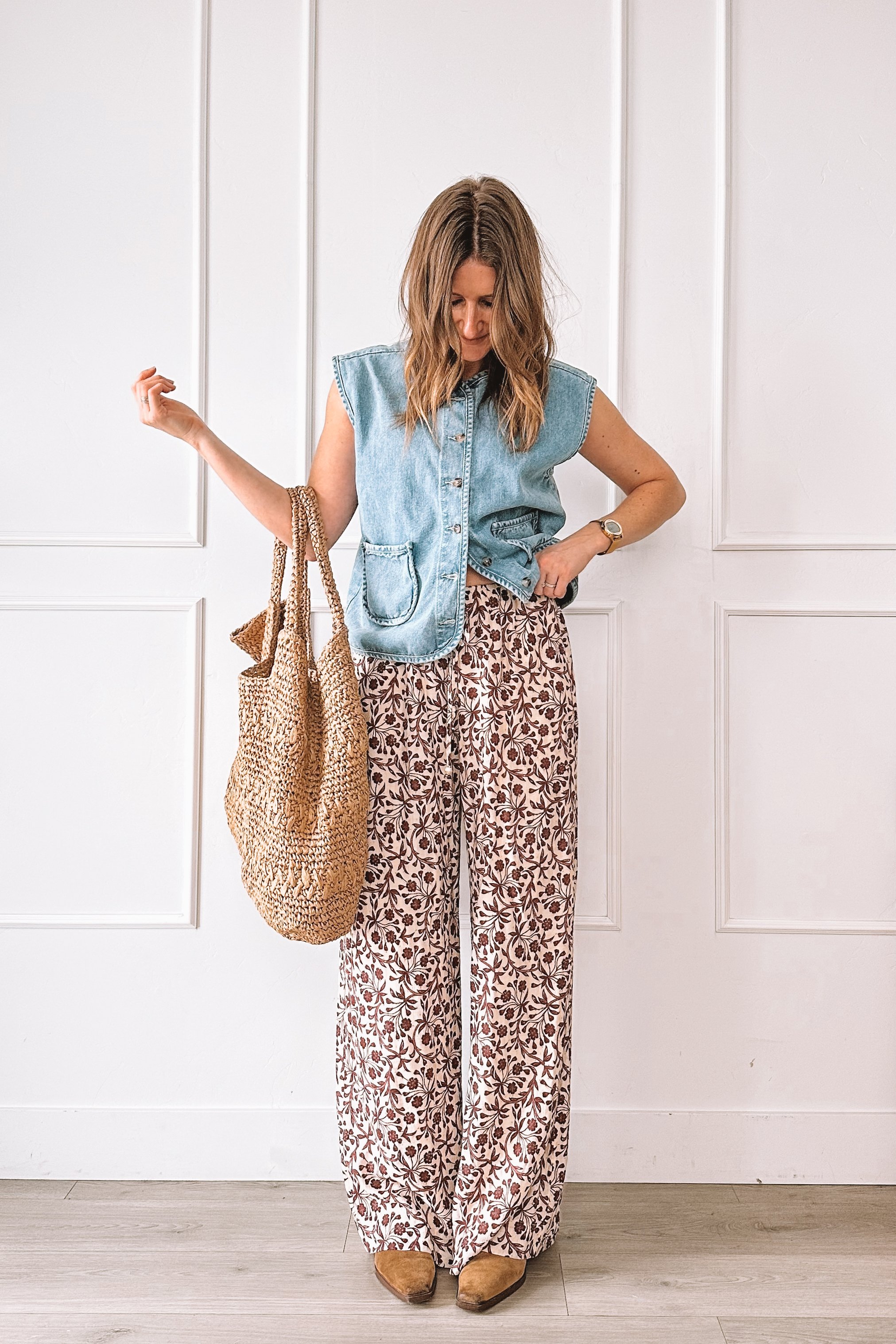 printed wide leg pants summer outfit with denim top