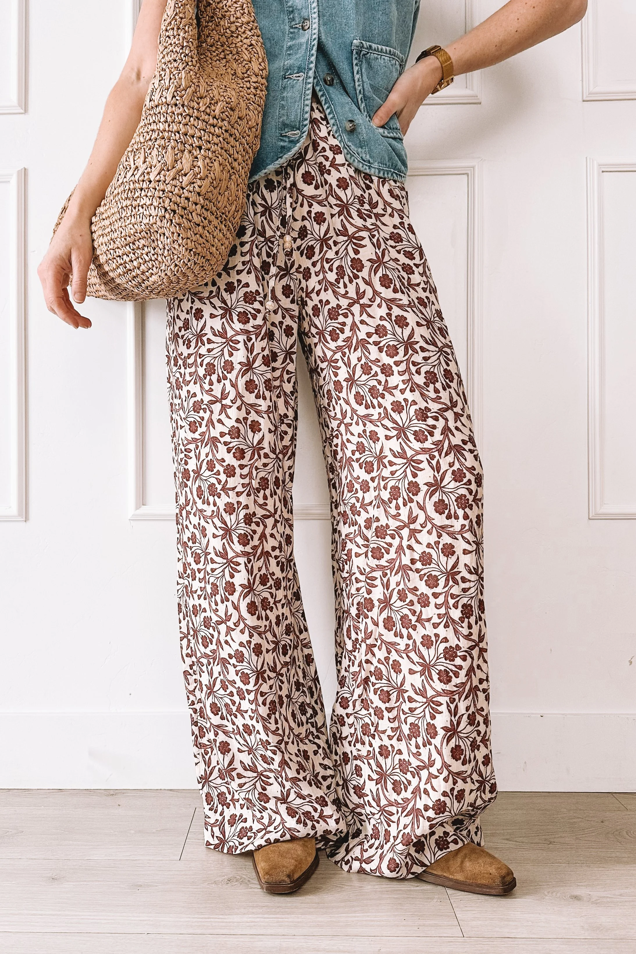 printed wide leg pants summer outfit with denim top