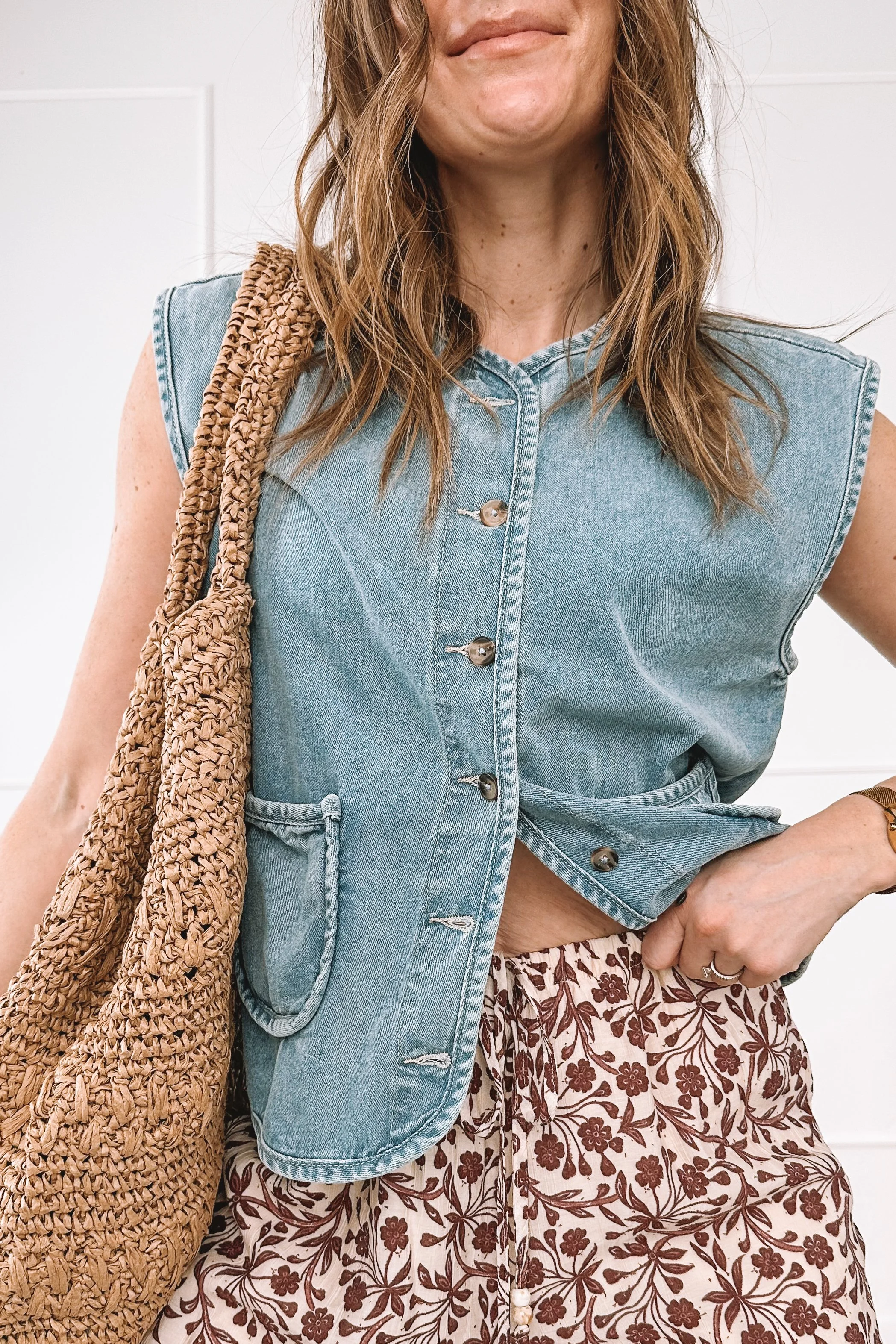 printed wide leg pants summer outfit with denim top