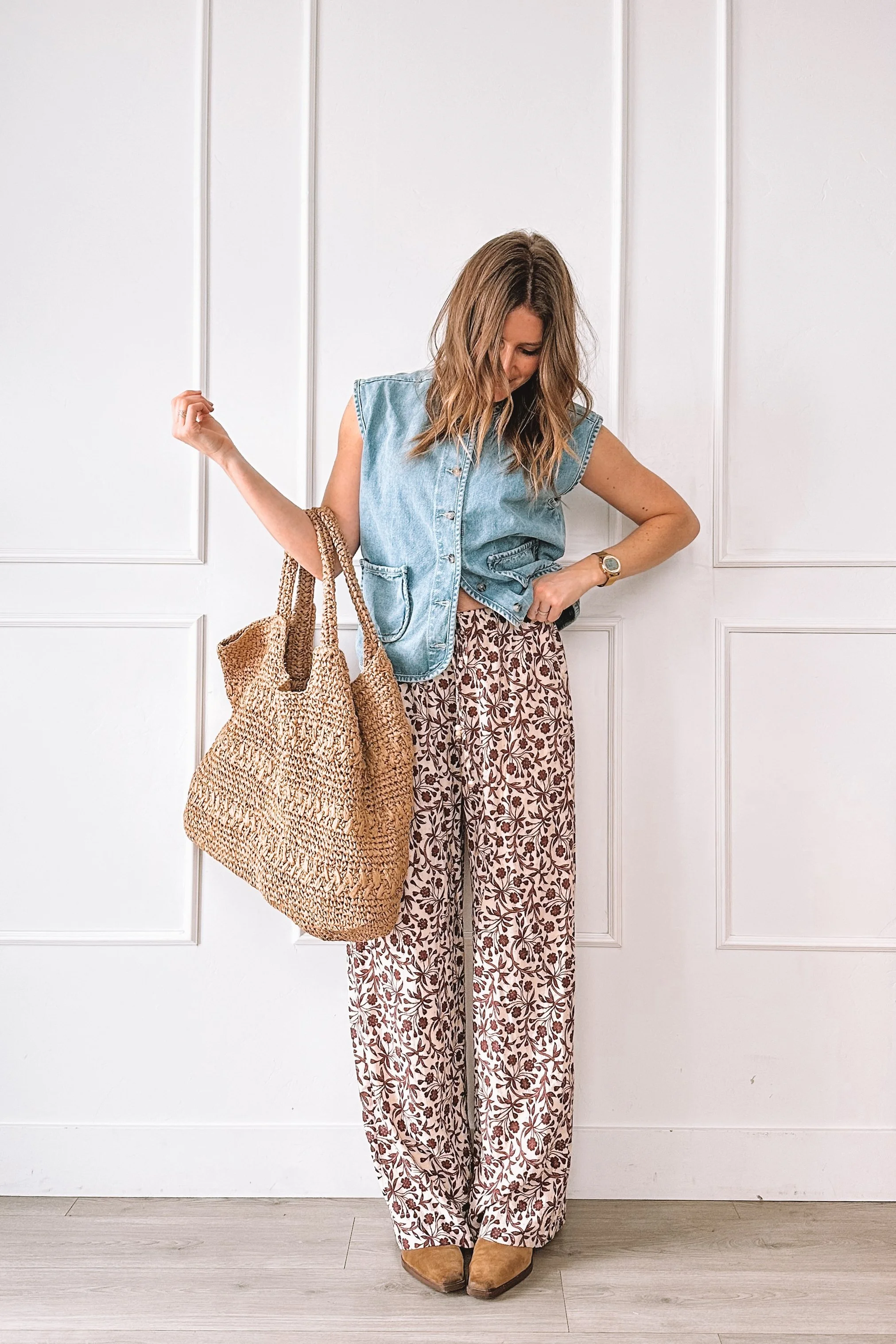 printed wide leg pants summer outfit with denim top