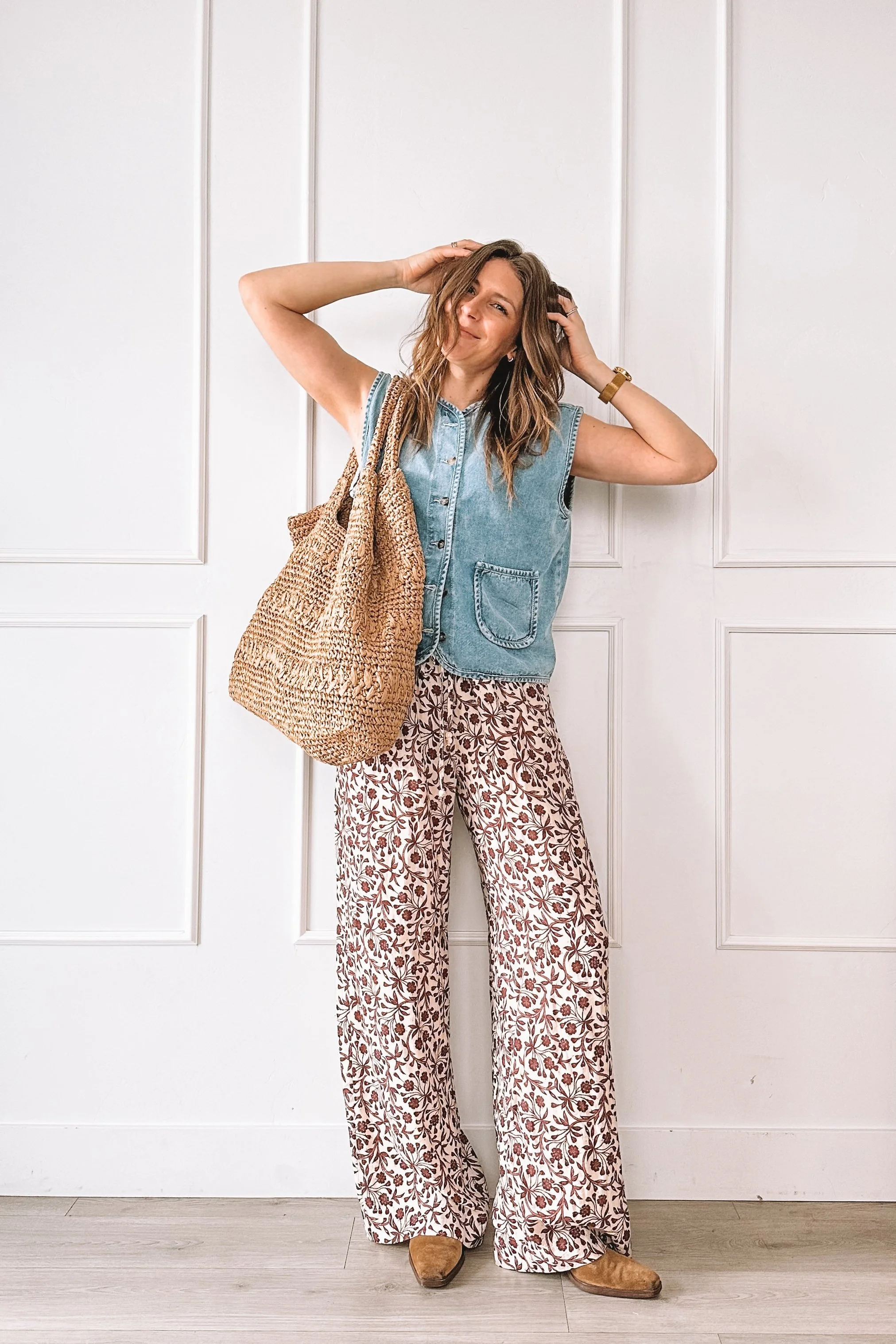 printed wide leg pants summer outfit with denim top