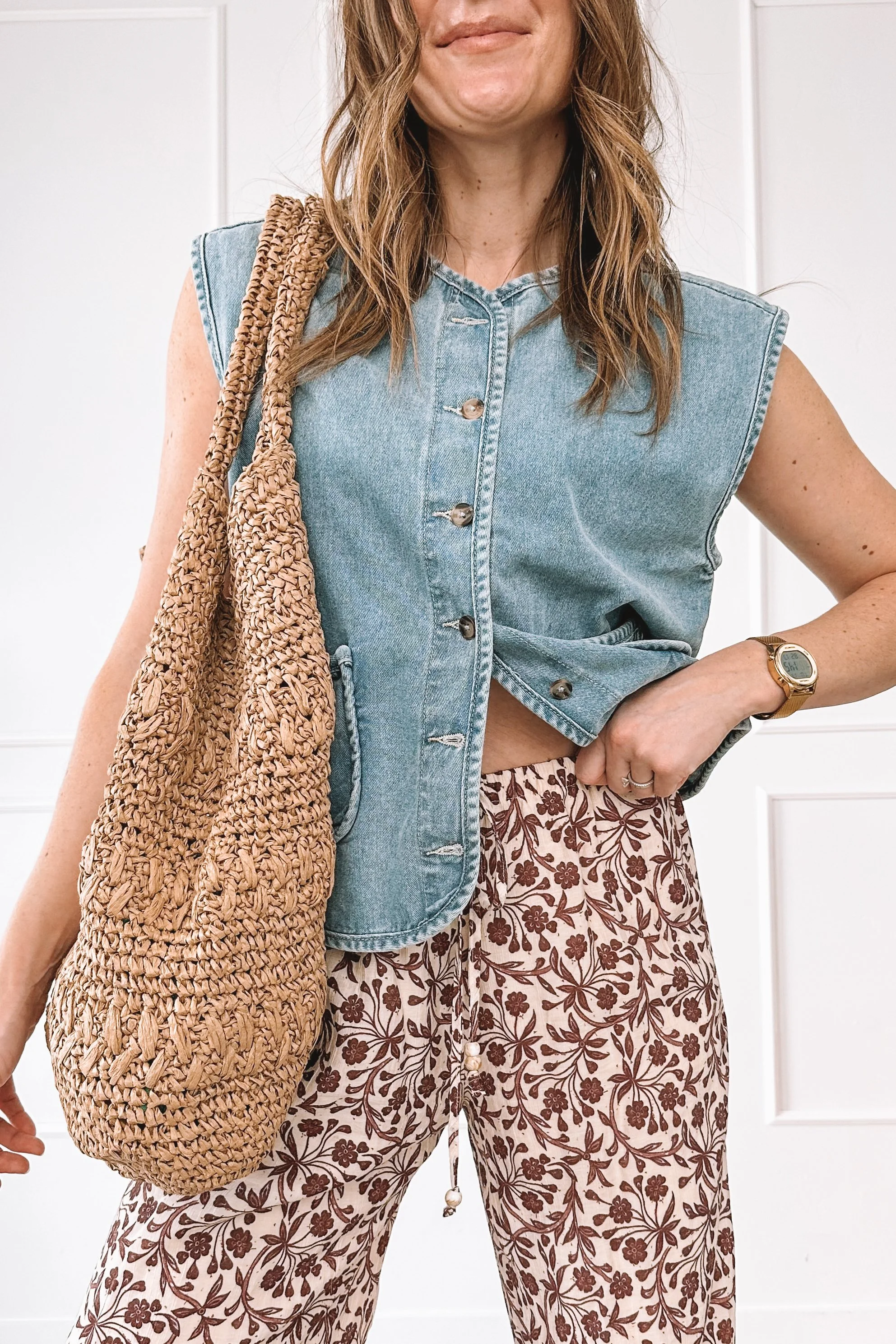 printed wide leg pants summer outfit with denim top