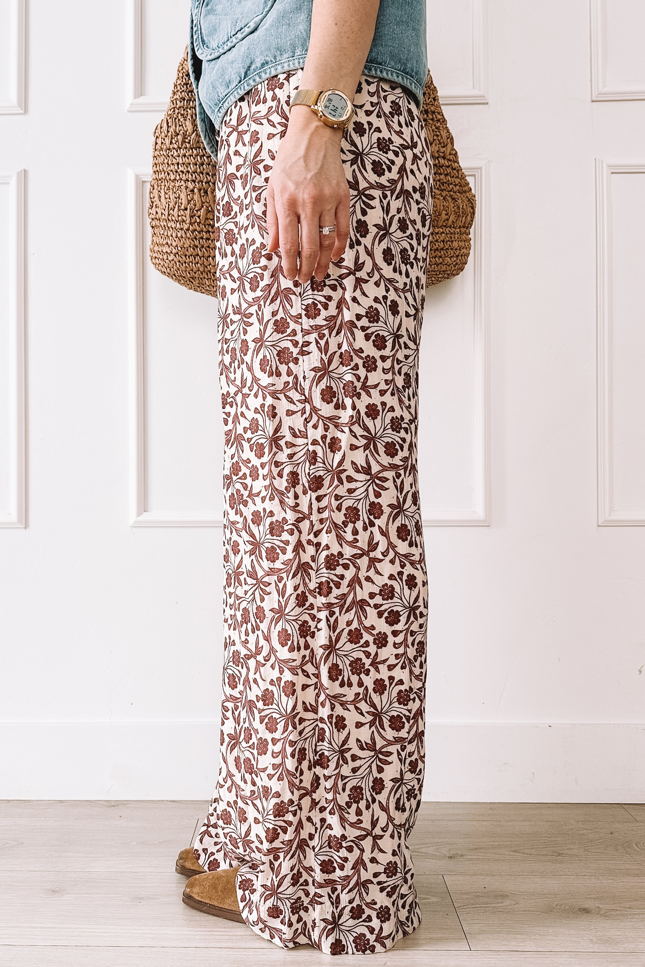 printed wide leg pants summer outfit with denim top