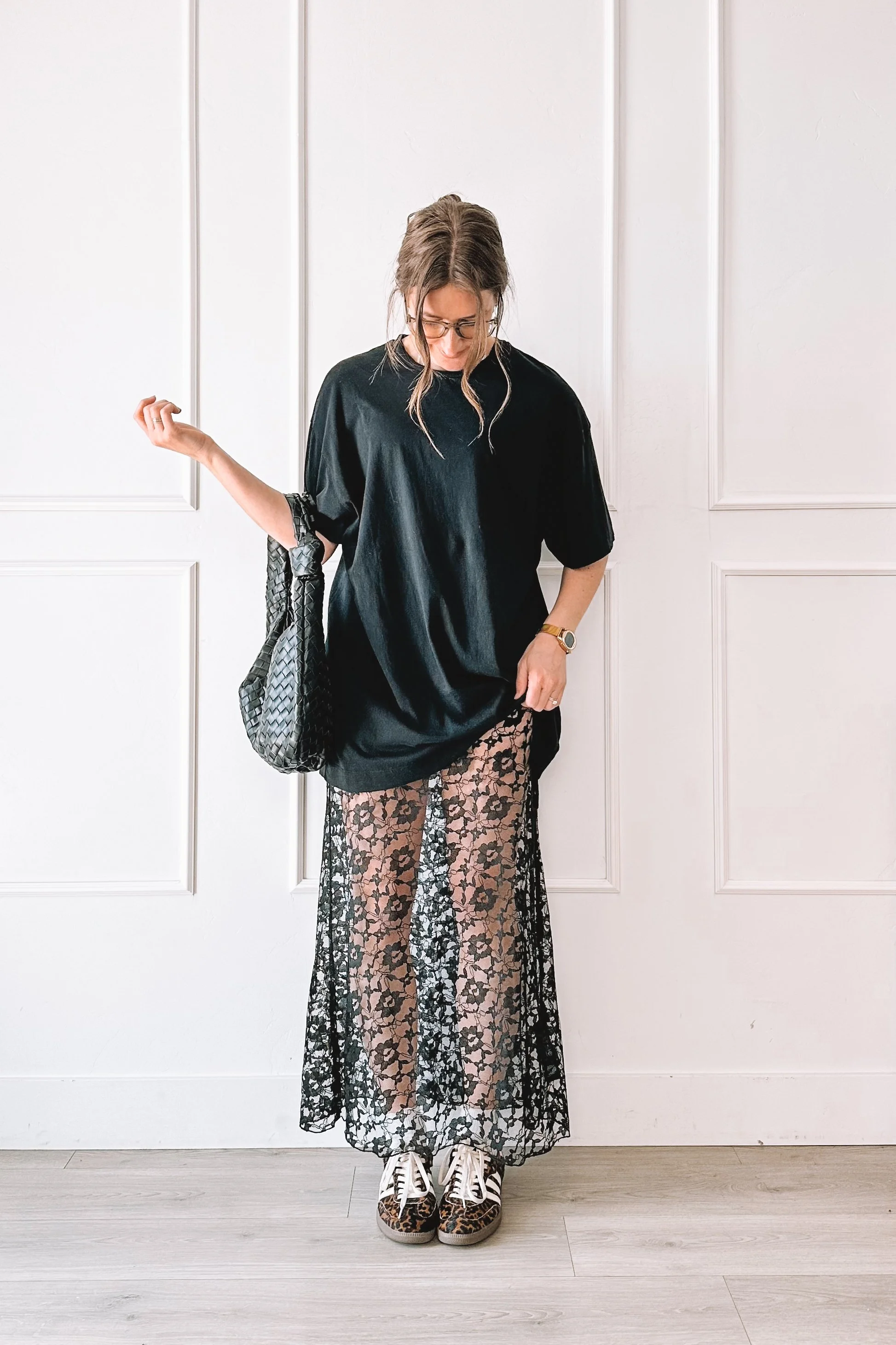 black lace skirt everyday mom outfit with oversized tee