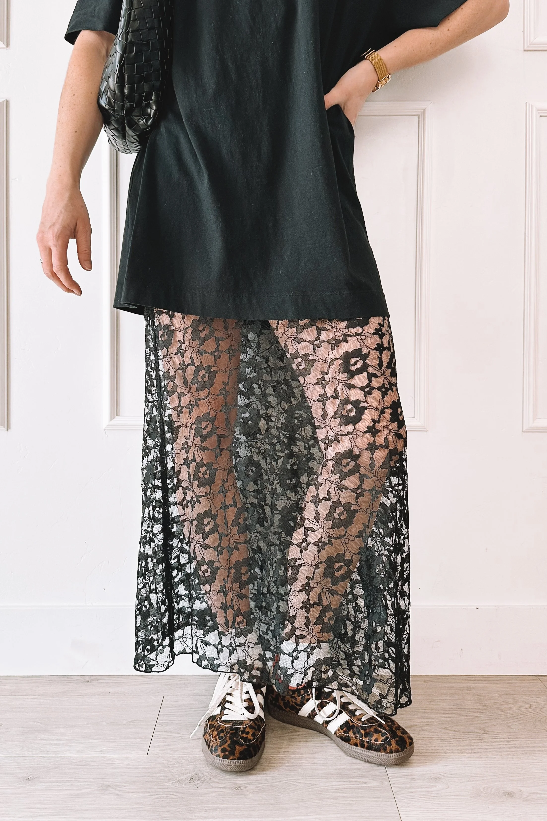 black lace skirt everyday mom outfit with oversized tee