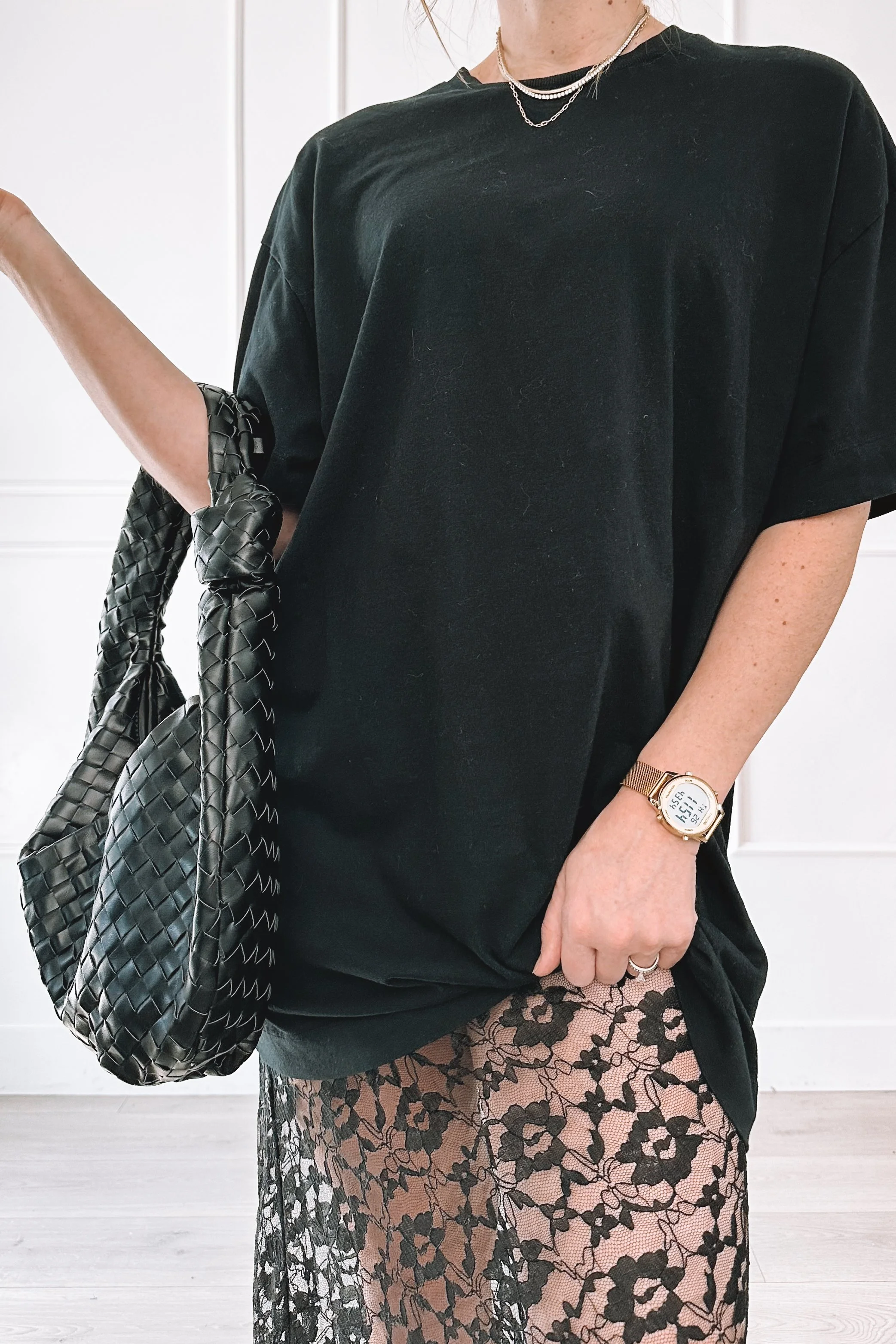 black lace skirt everyday mom outfit with oversized tee
