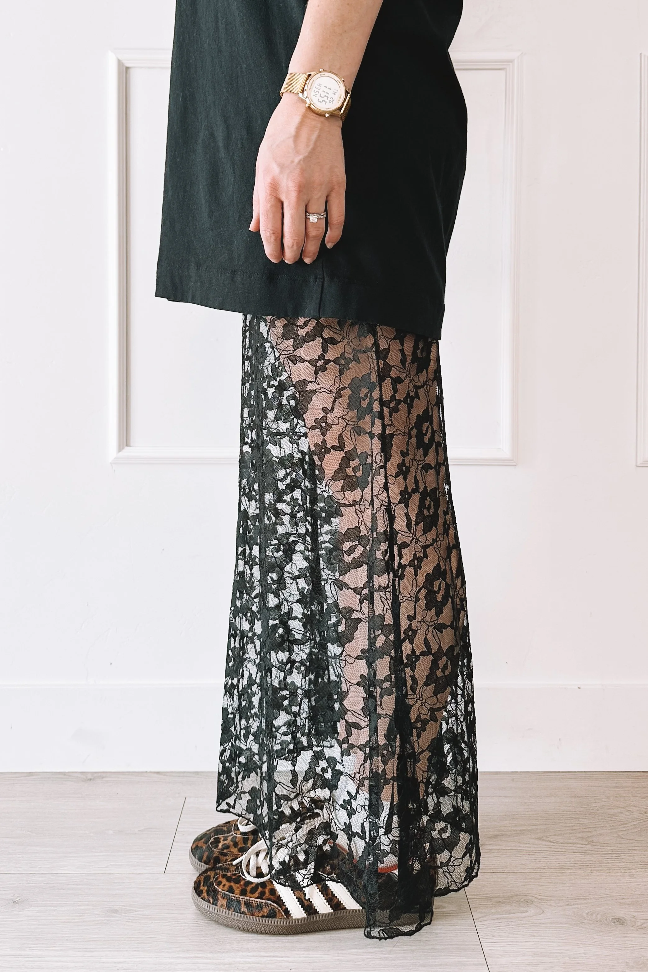 black lace skirt everyday mom outfit with oversized tee