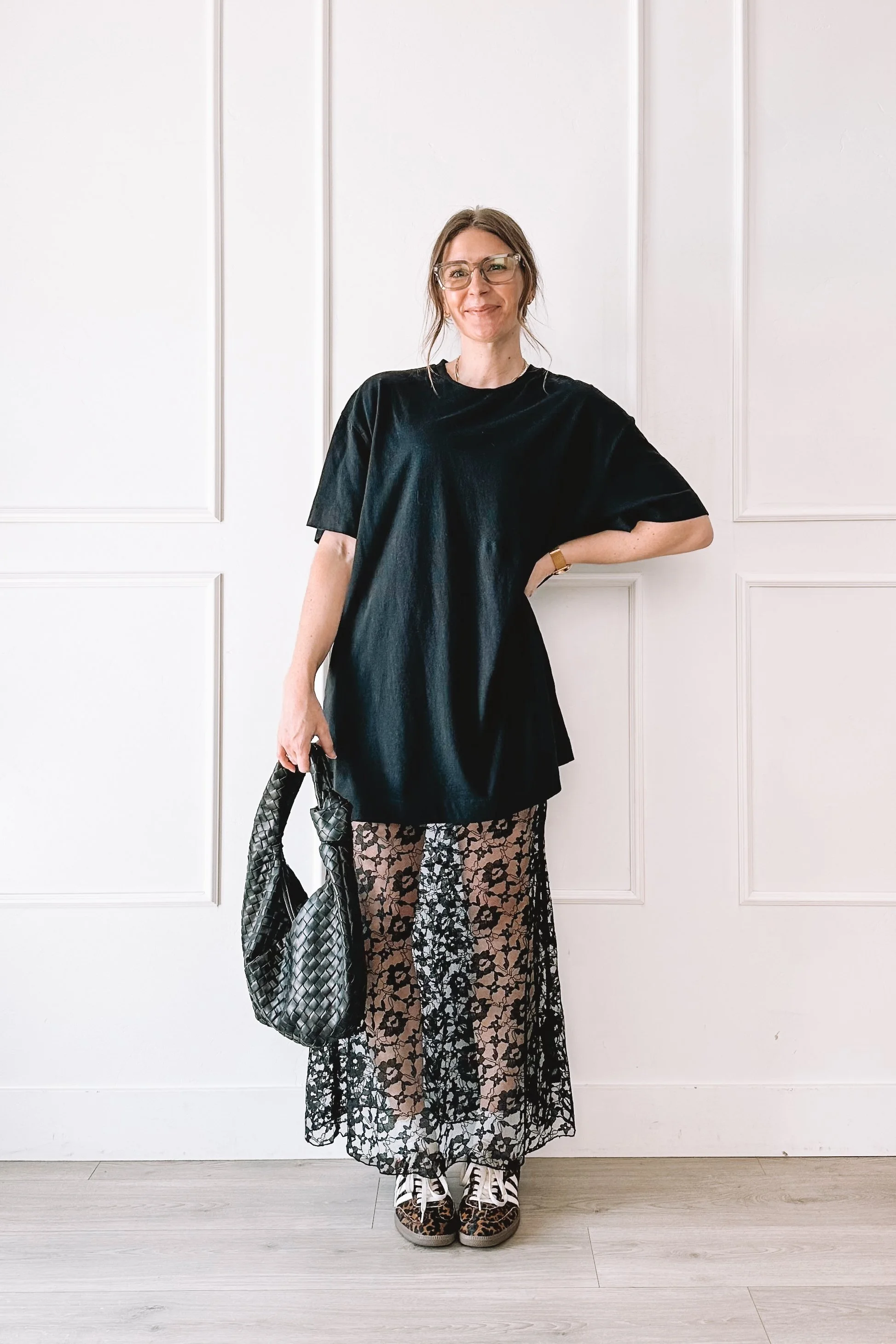 black lace skirt everyday mom outfit with oversized tee