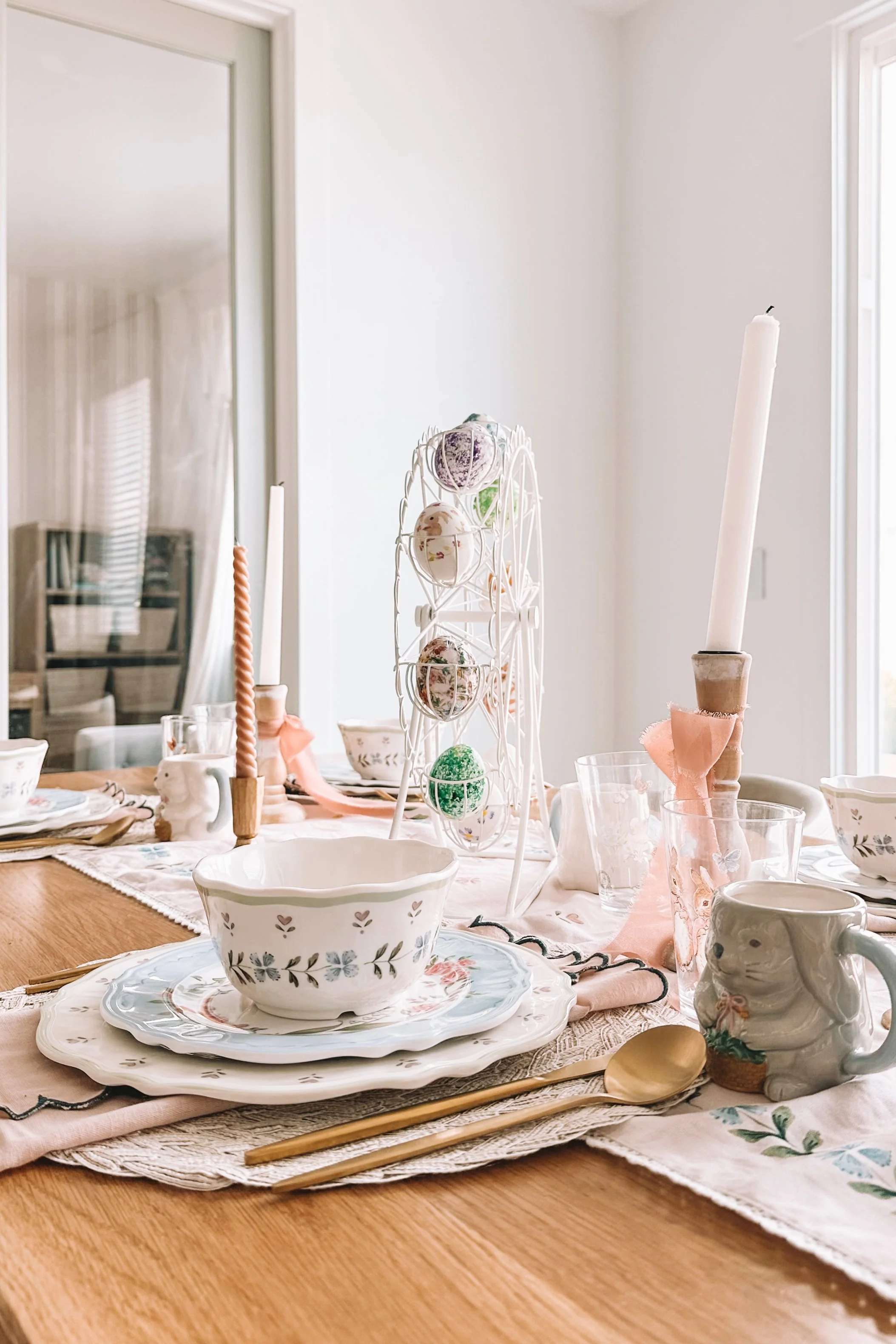 kid friendly easter tablescape with durable spring dinnerware