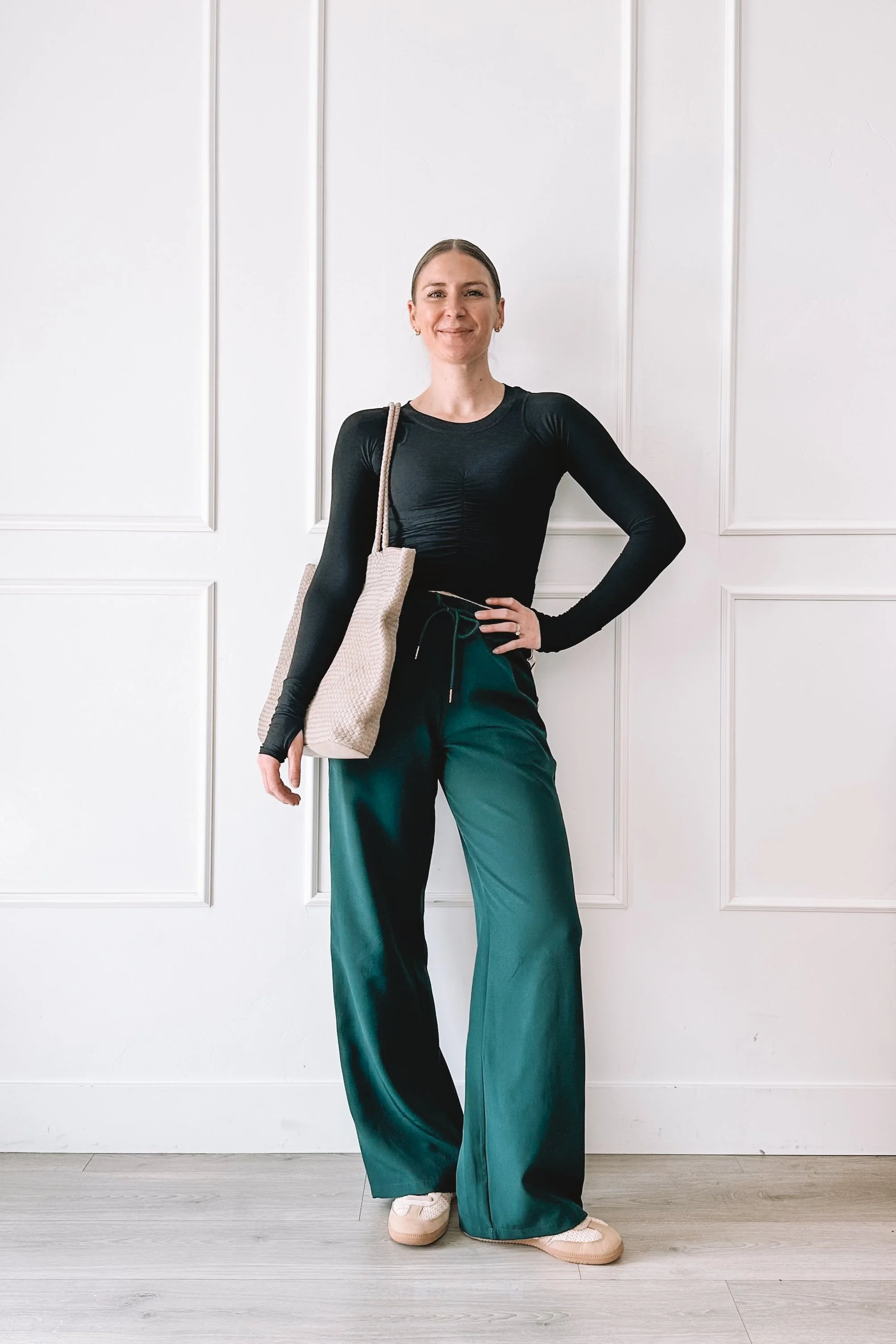 Green track pants casual everyday outfit