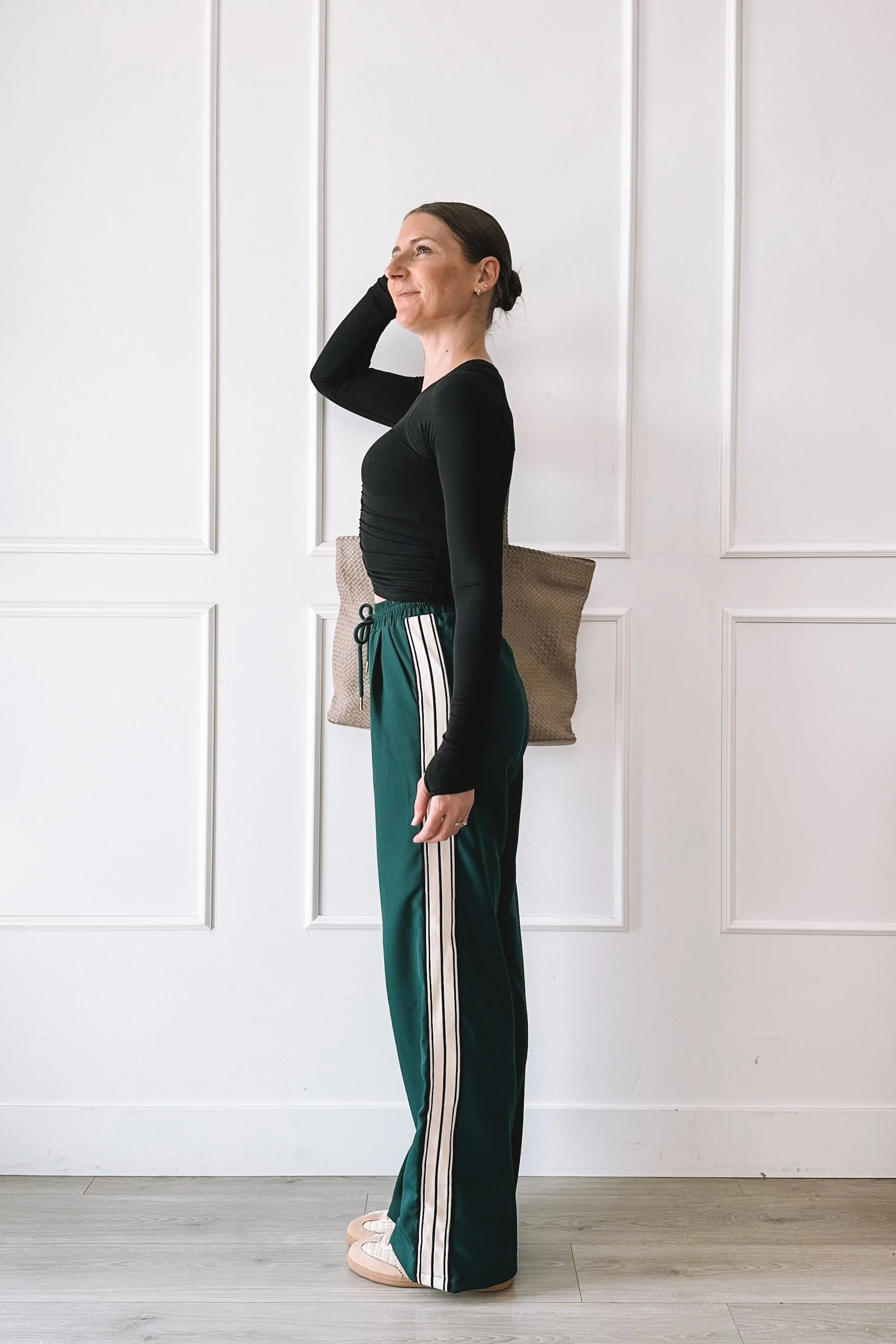 Green track pants casual everyday outfit