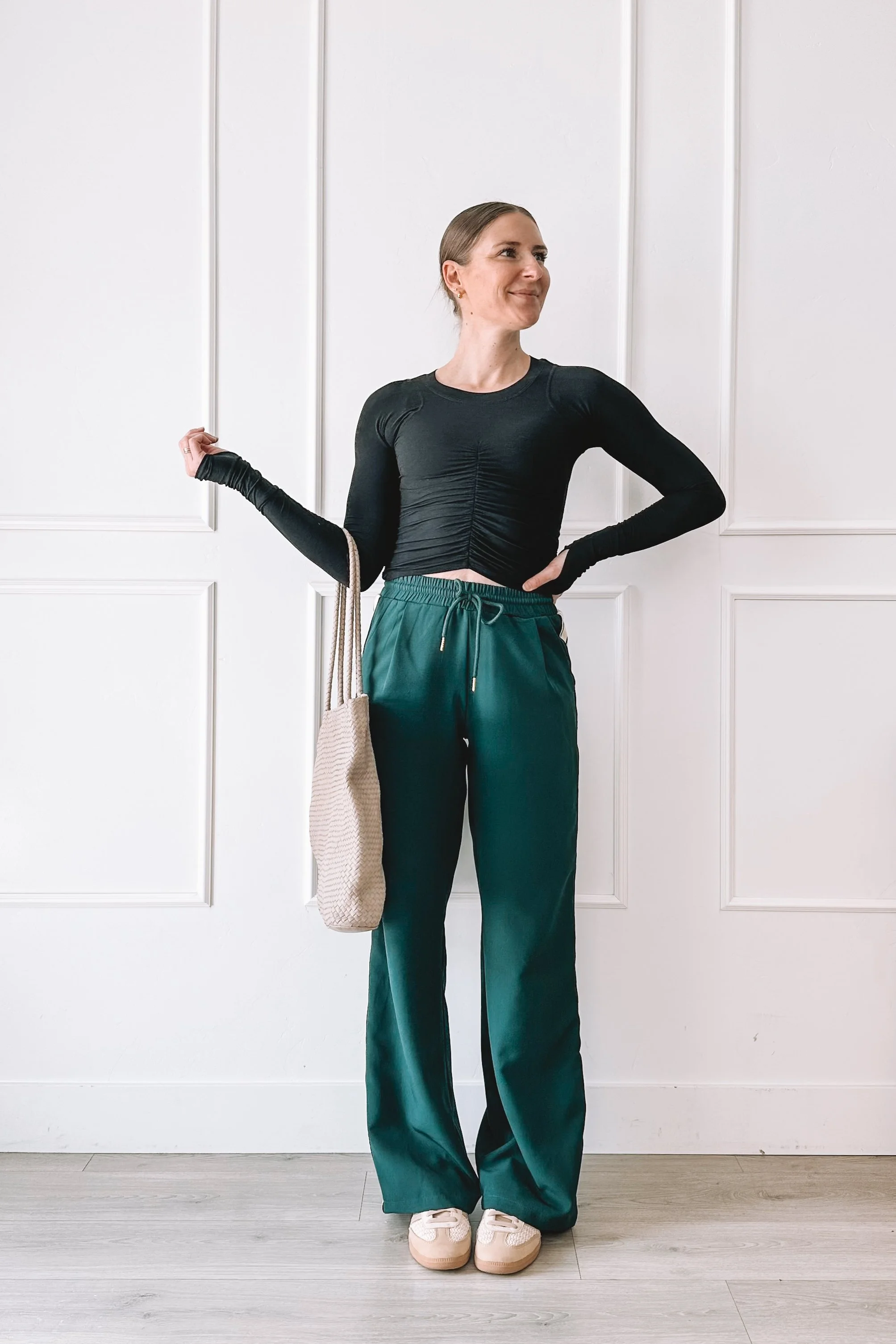 Green track pants casual everyday outfit