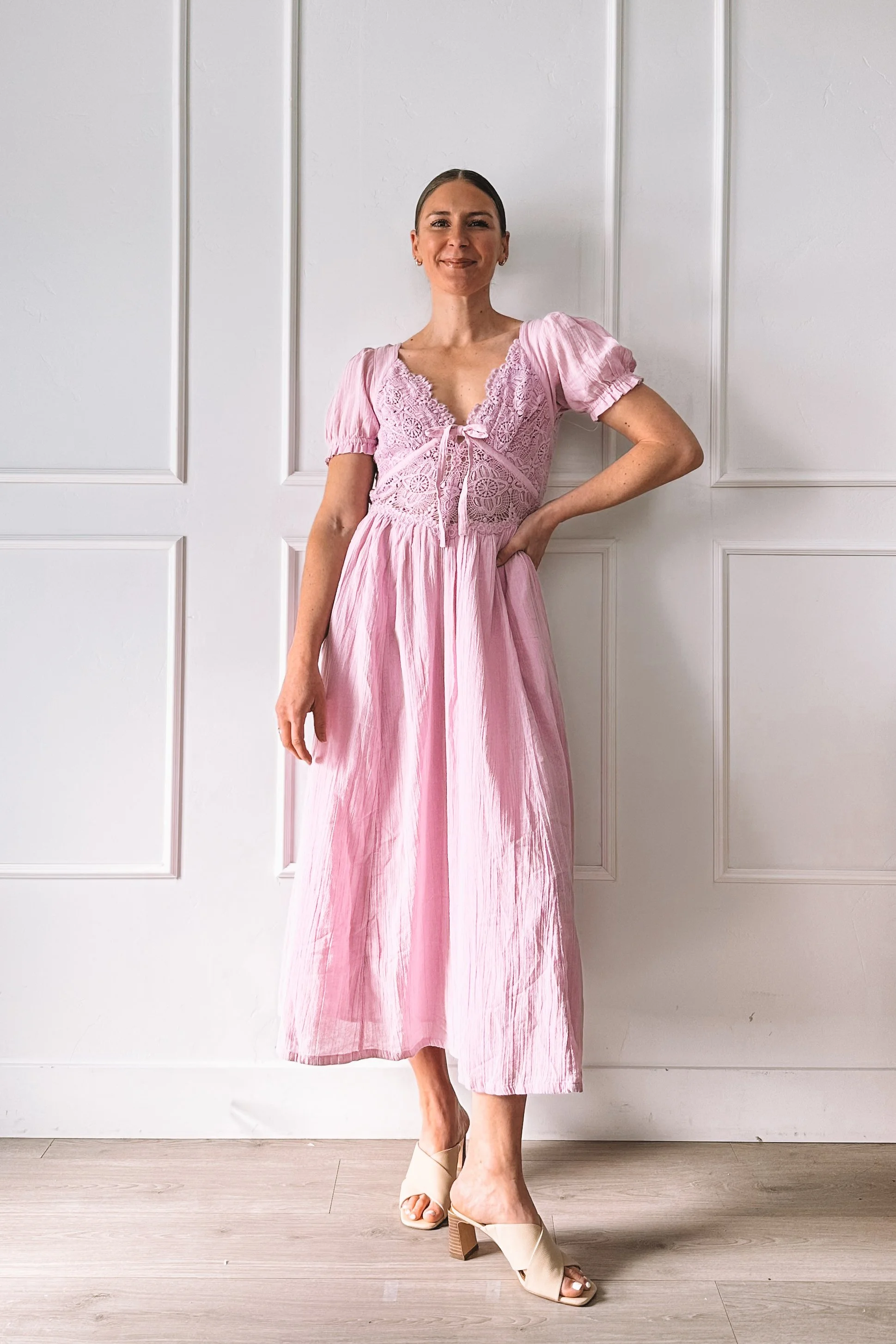 free people pink lace midi dress outfit