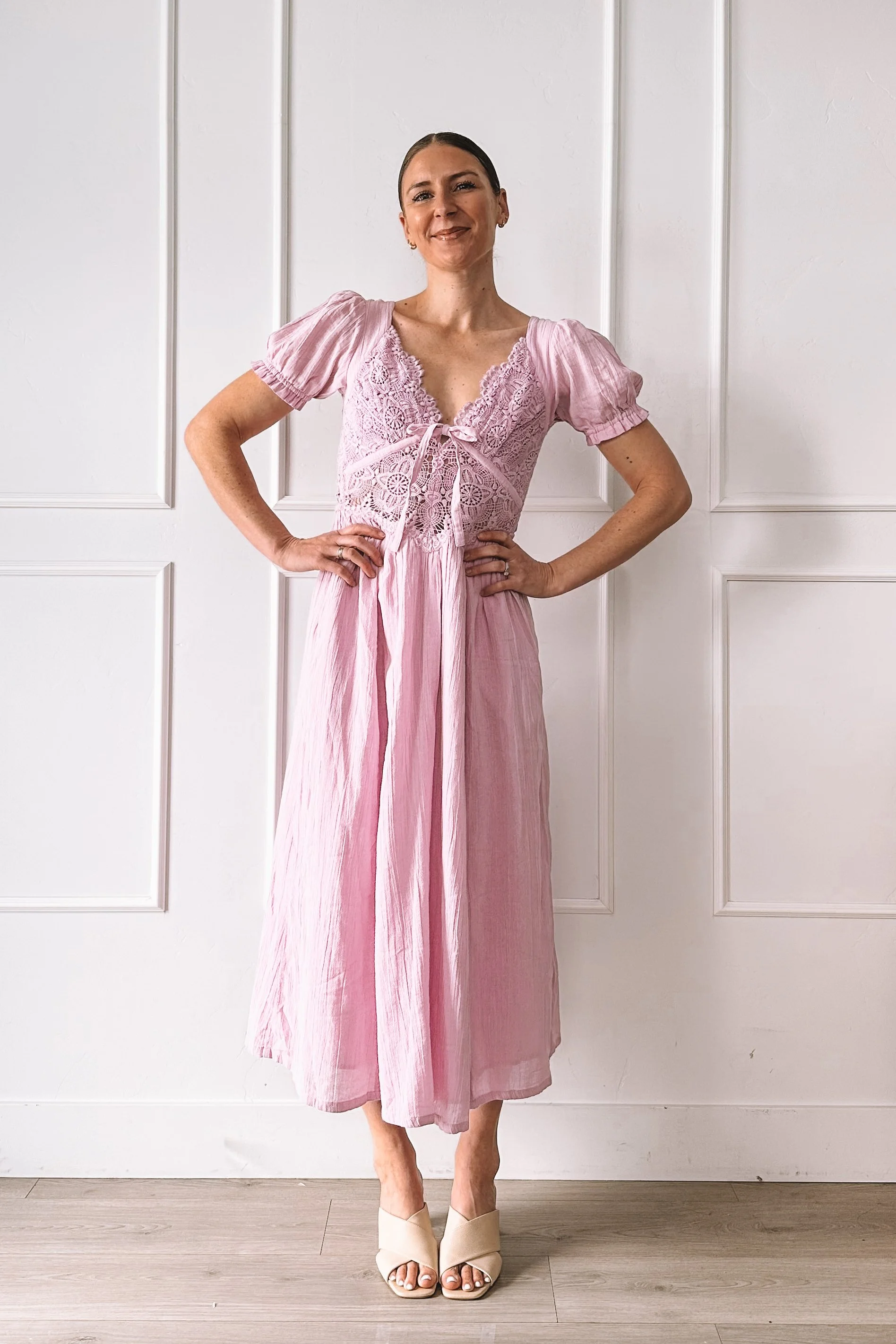 free people pink lace midi dress outfit