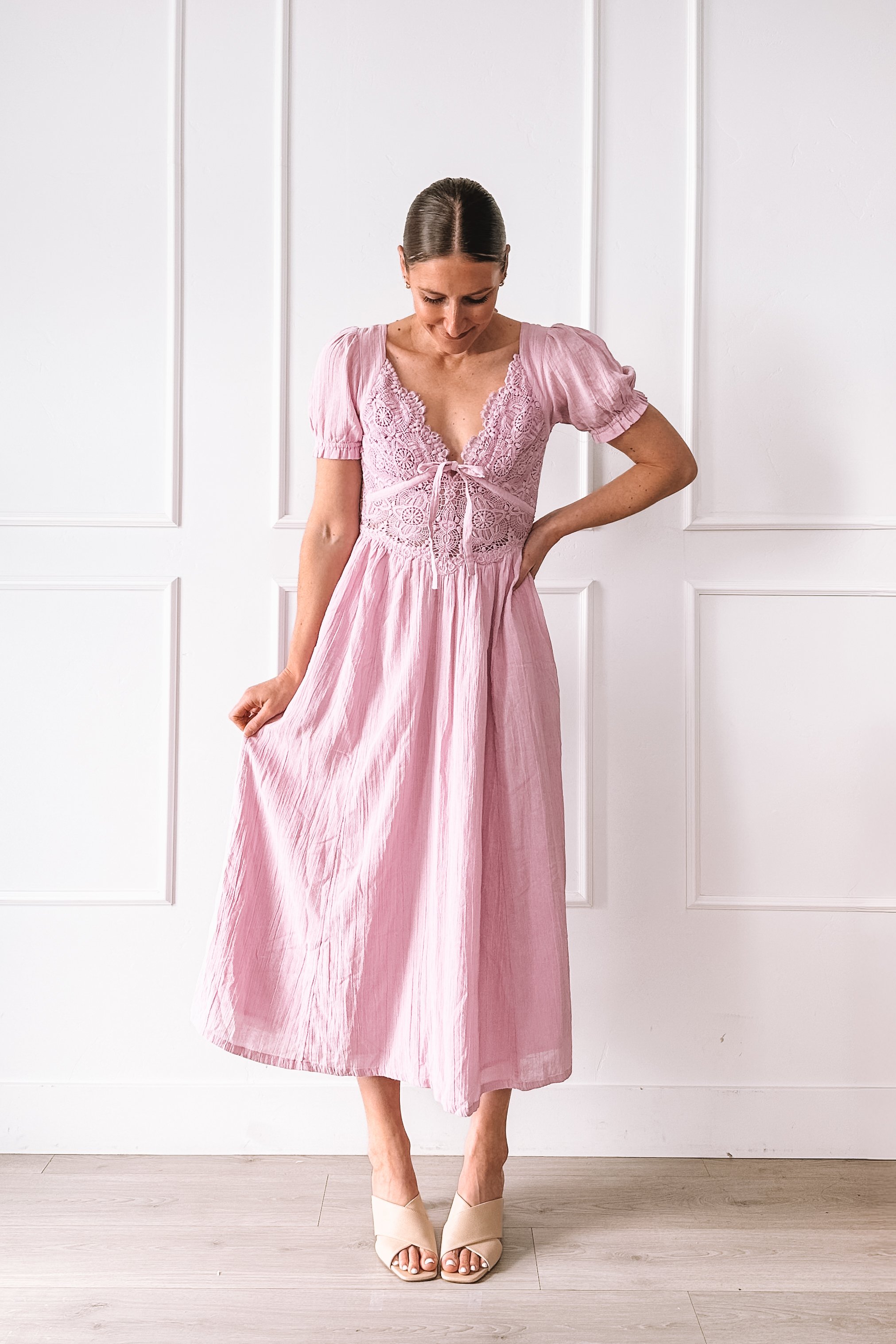 free people pink lace midi dress outfit