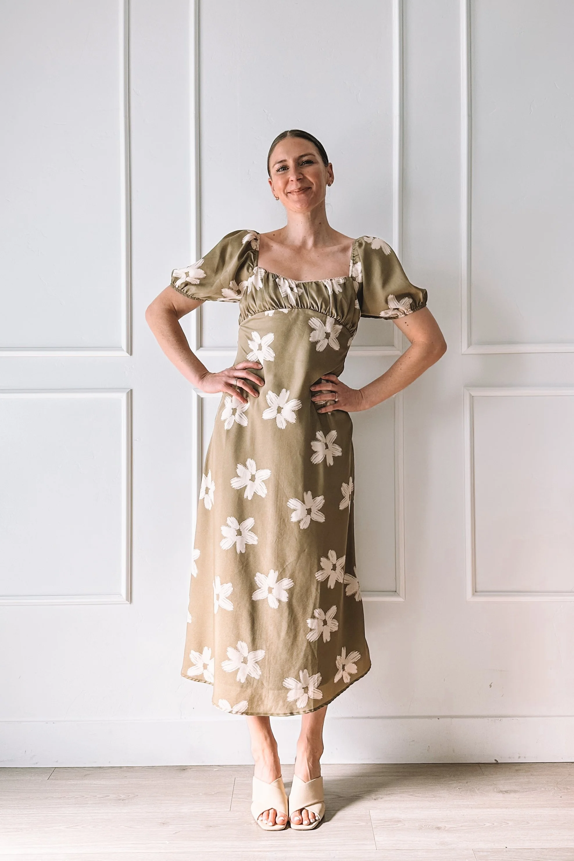 bohme green floral midi dress spring outfit