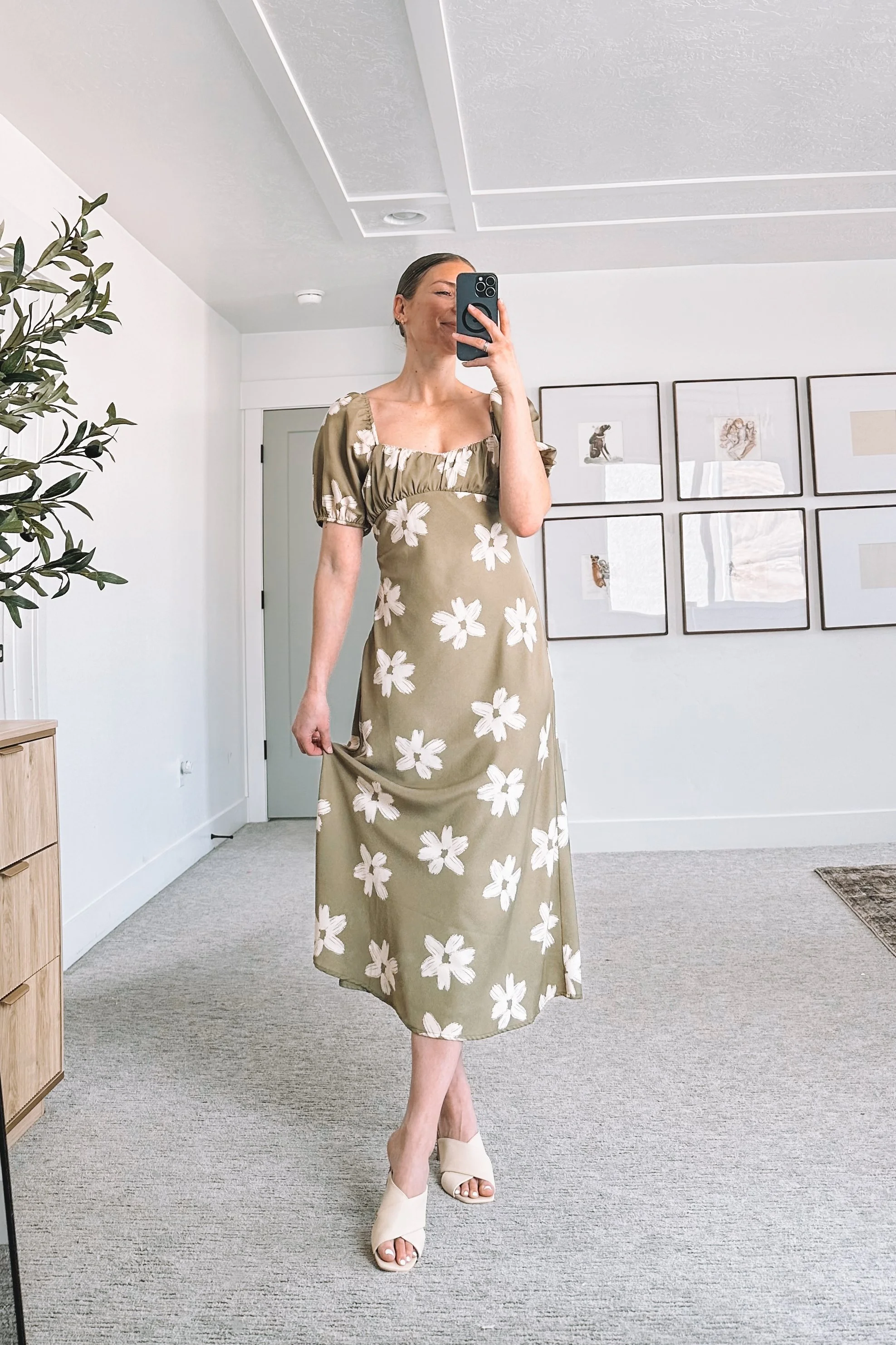 bohme green floral midi dress spring outfit