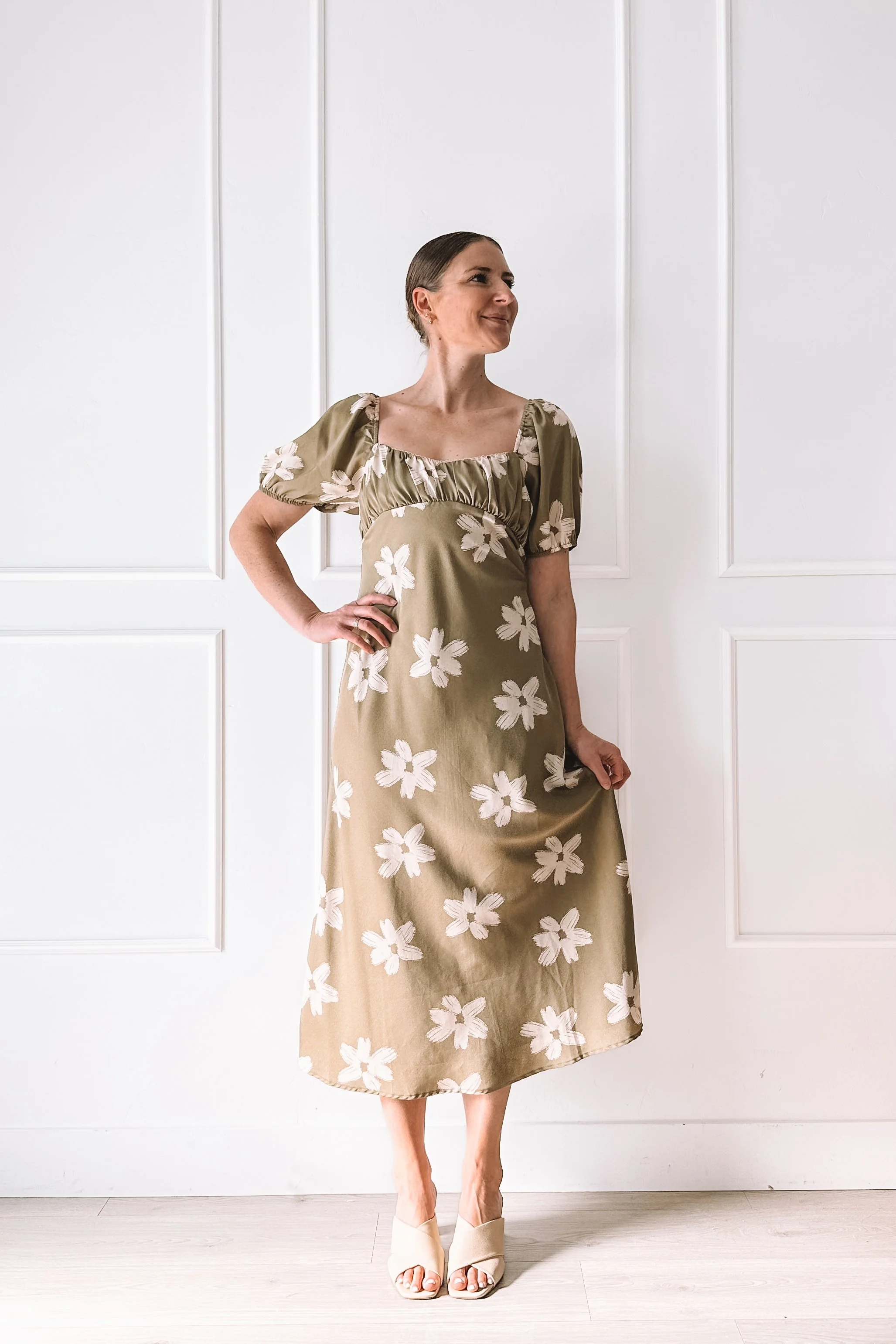 bohme green floral midi dress spring outfit