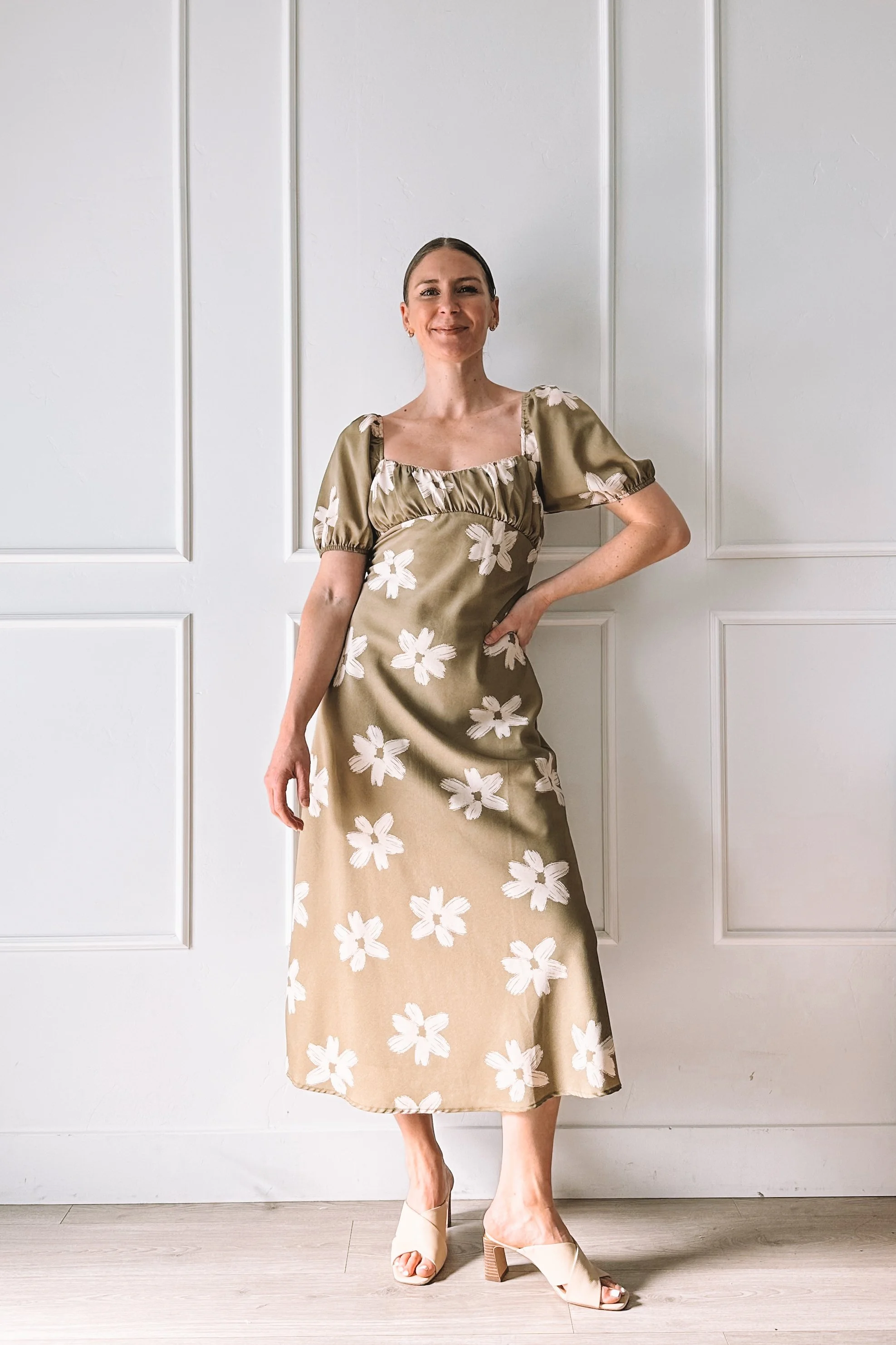 bohme green floral midi dress spring outfit