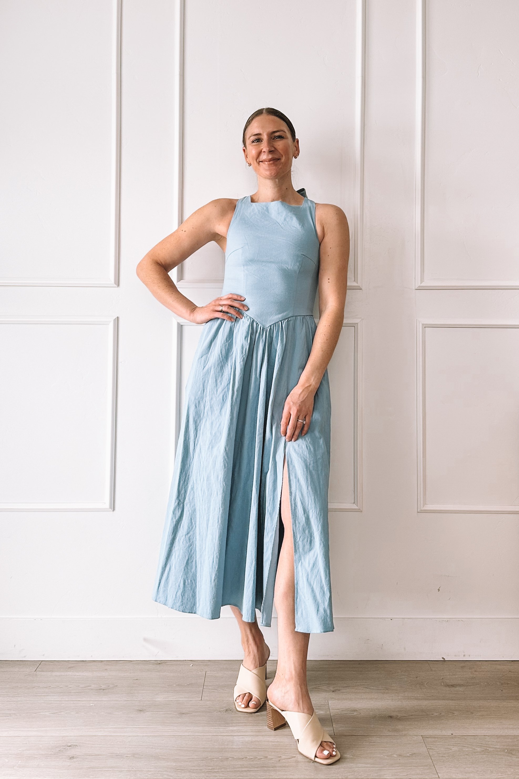 astr the label blue dress double tie back detail