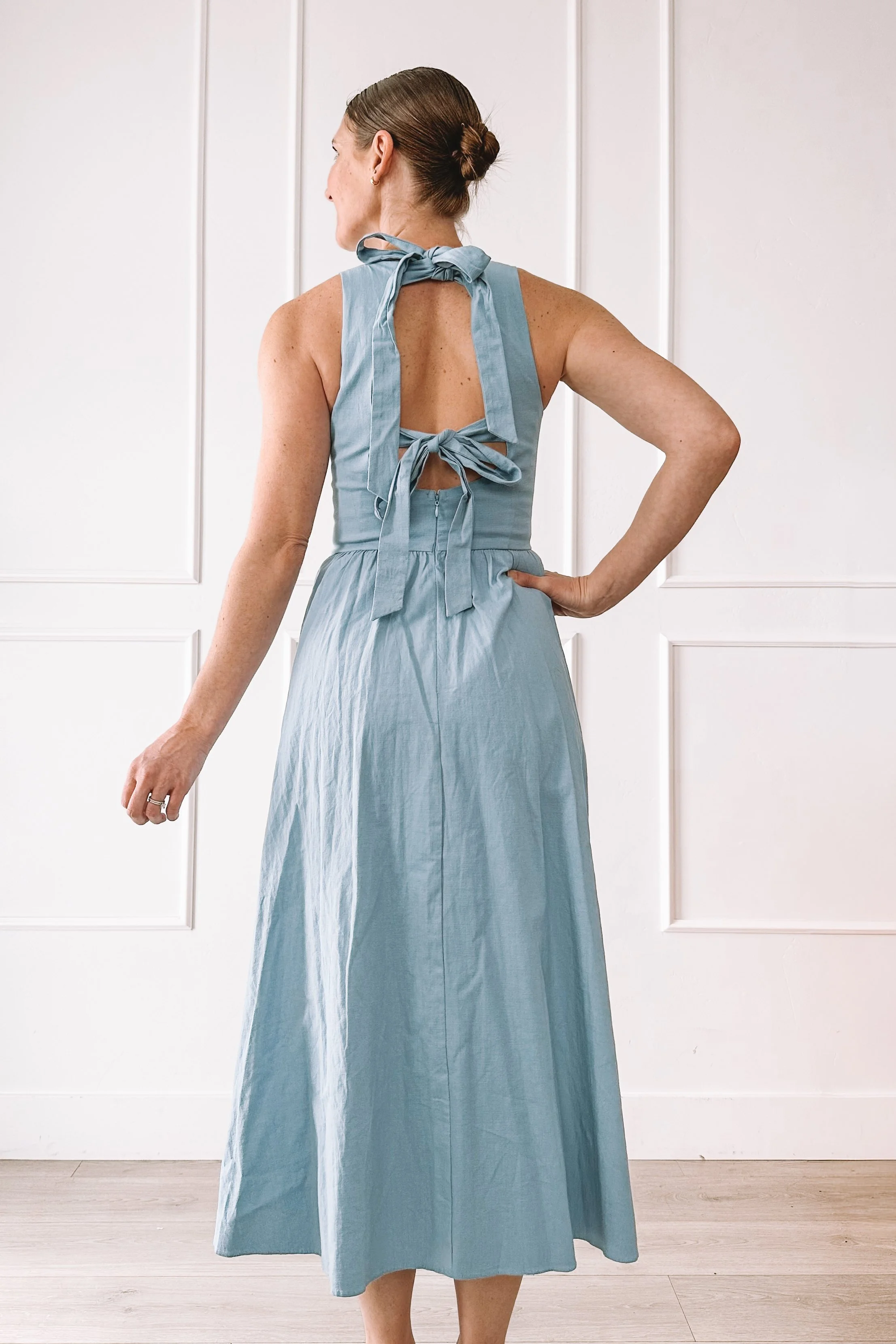astr the label blue dress double tie back detail