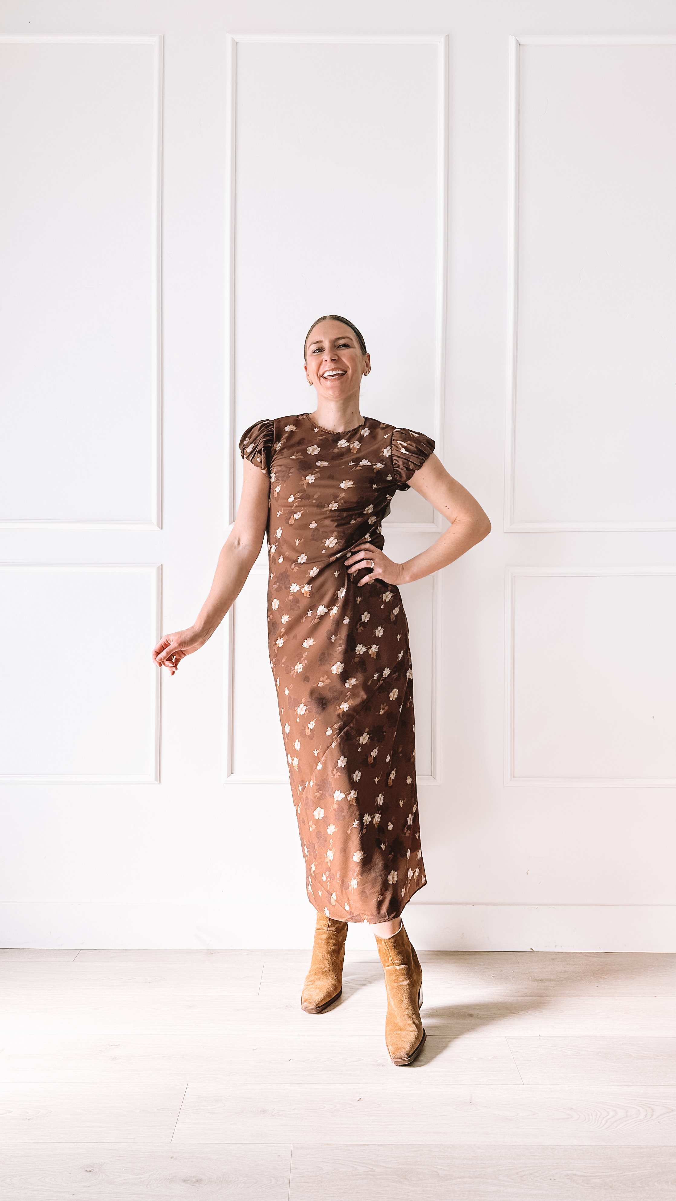bohme brown floral midi dress outfit