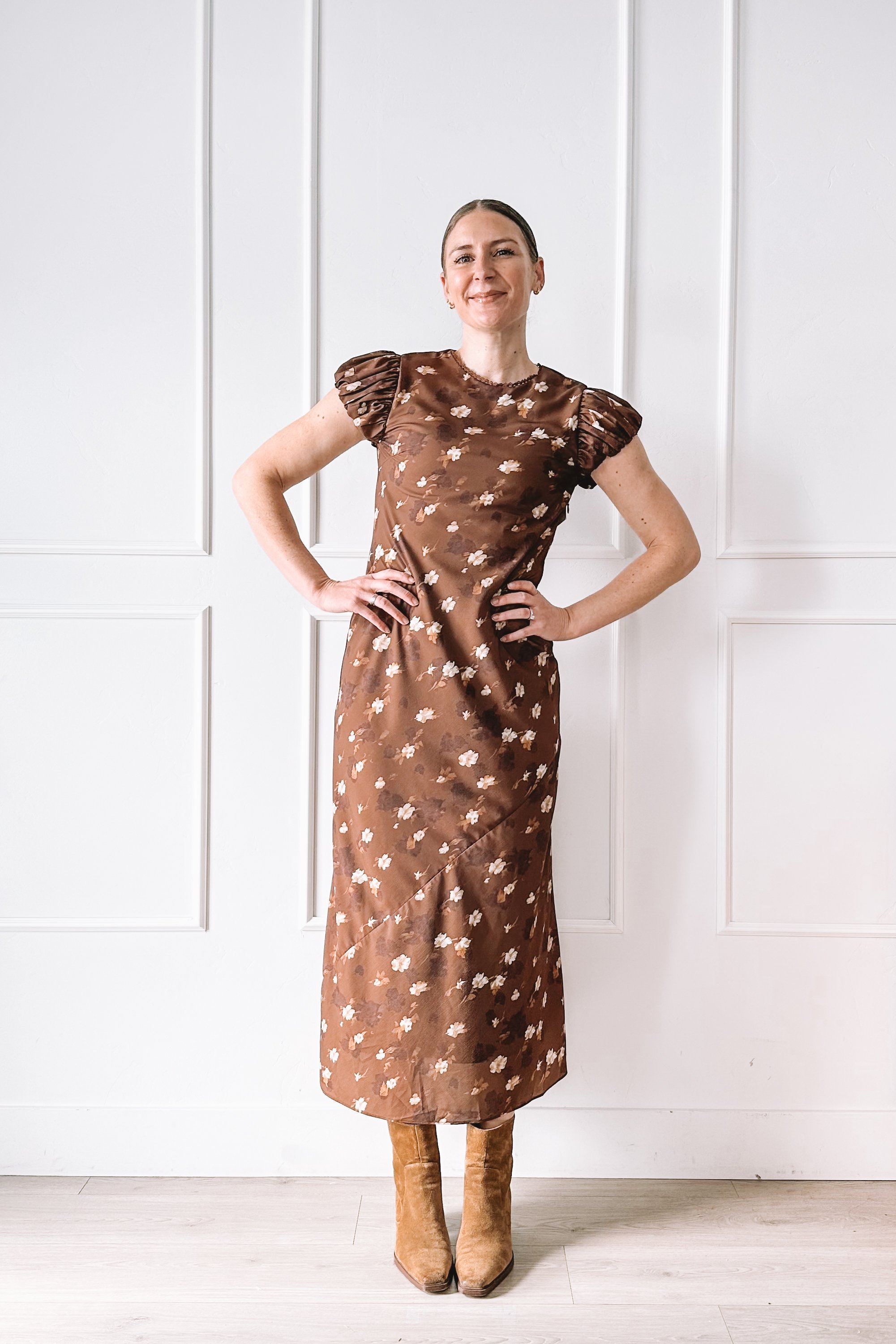 brown floral midi dress neckline detail
