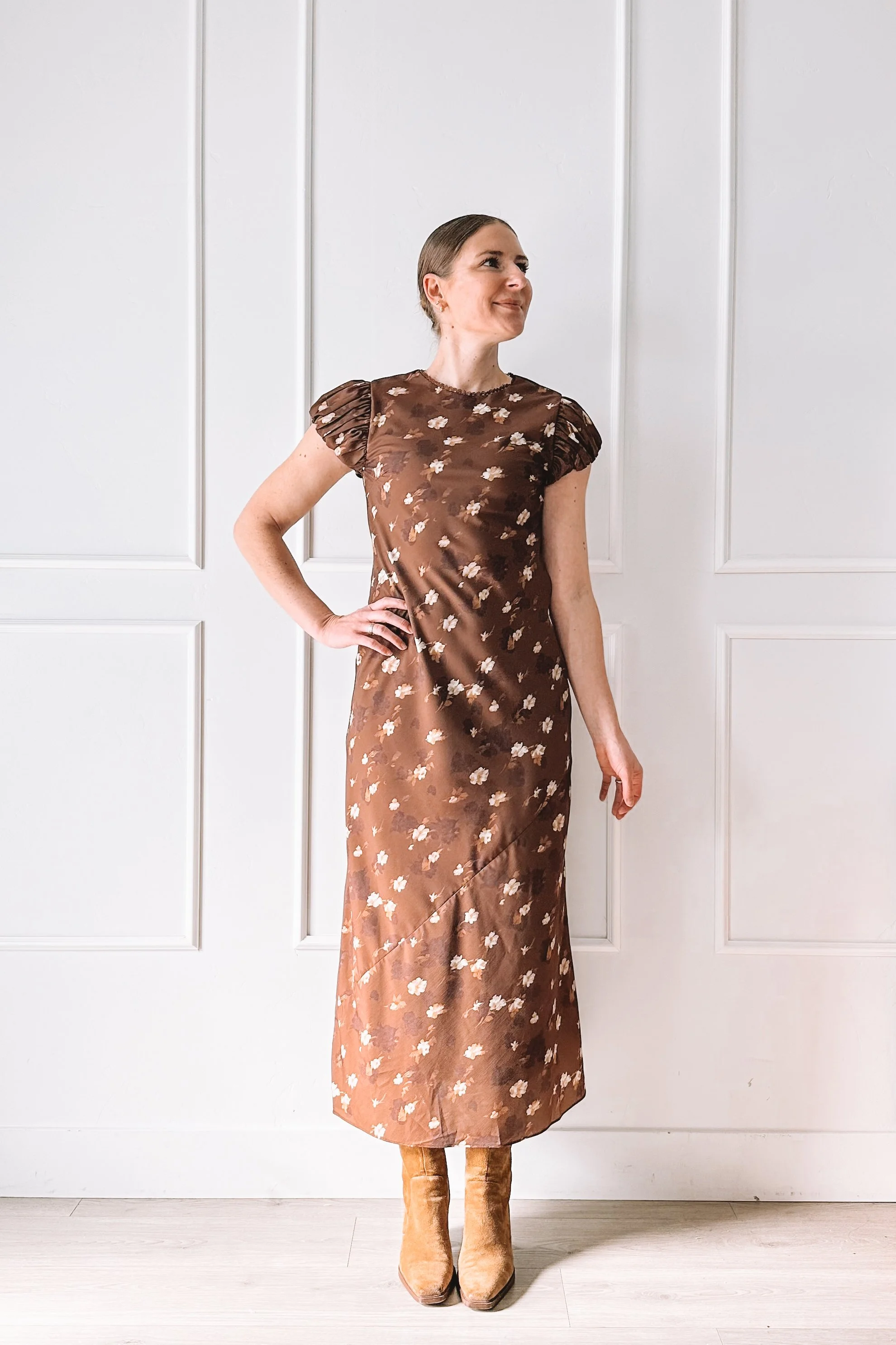 brown floral midi dress neckline detail