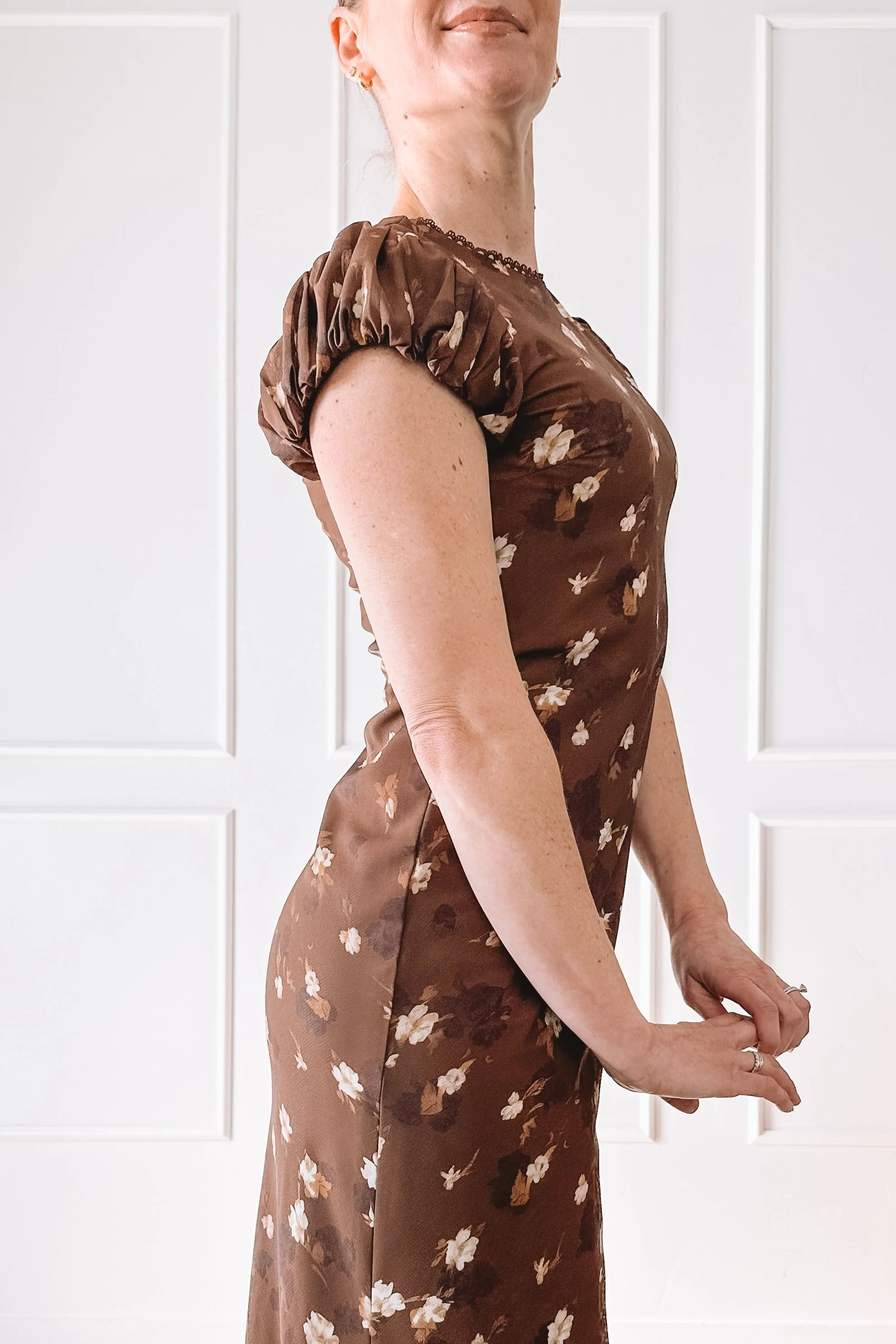 brown floral midi dress neckline detail