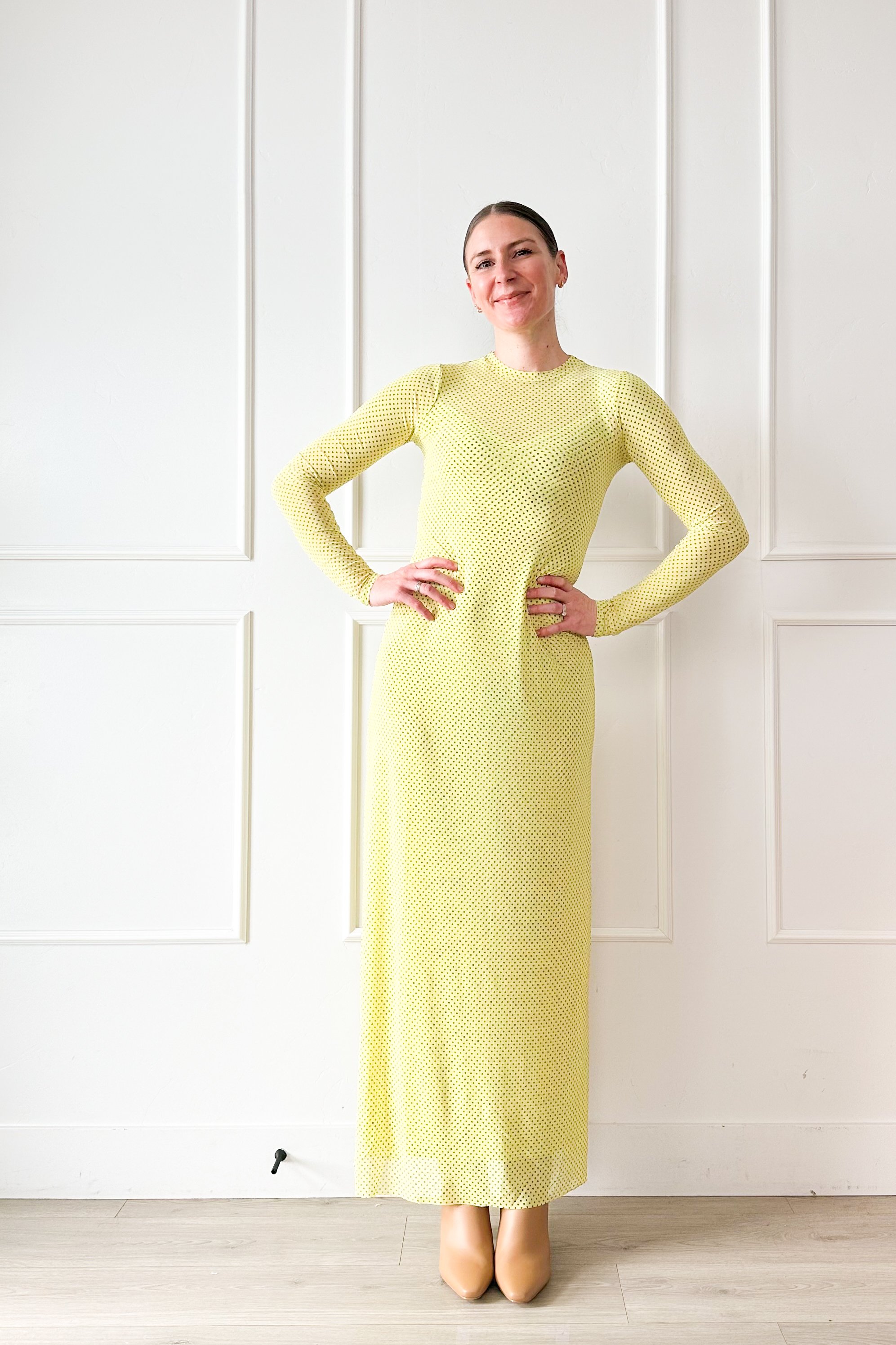 lime green mesh polka dot dress fabric detail