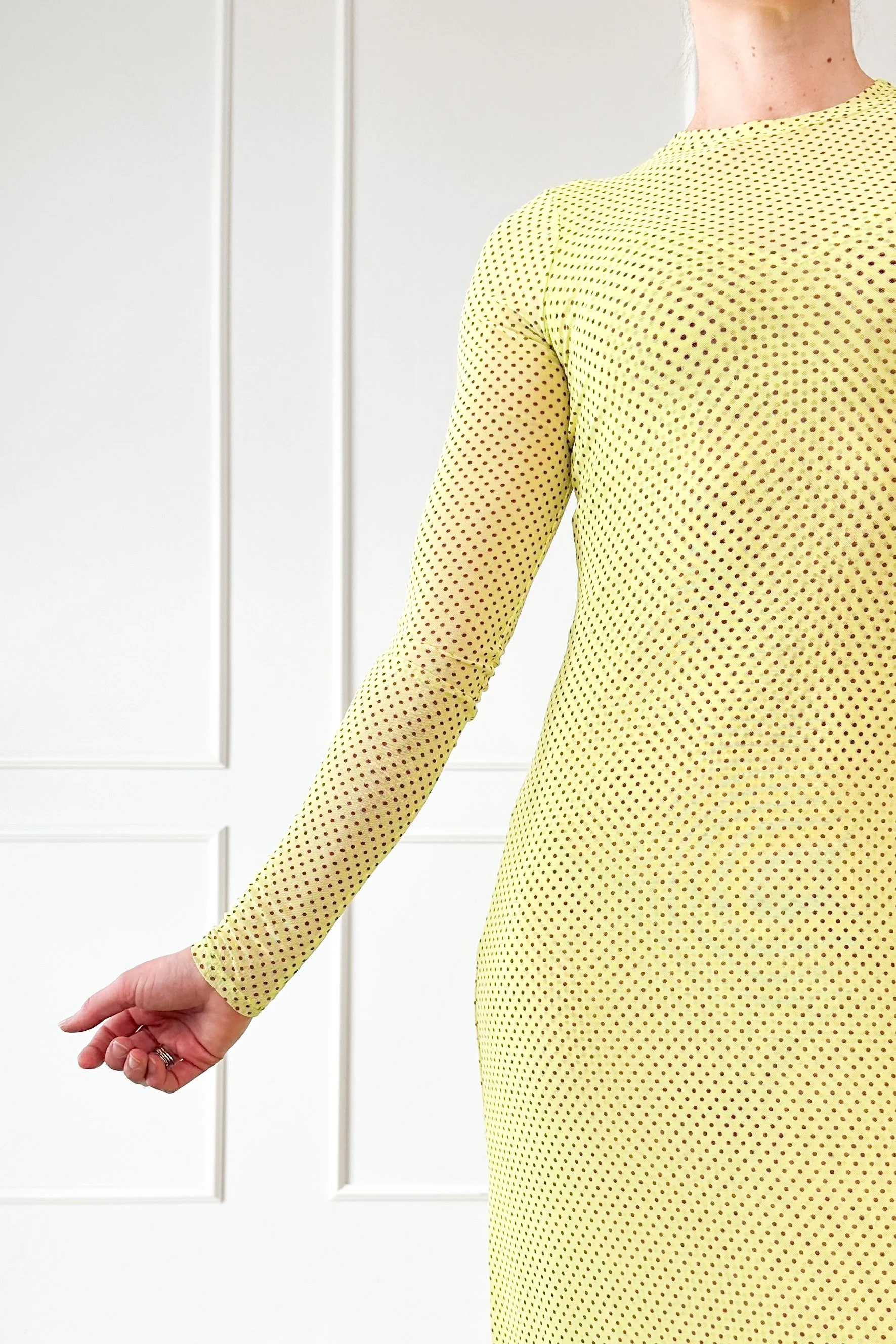 lime green mesh polka dot dress fabric detail