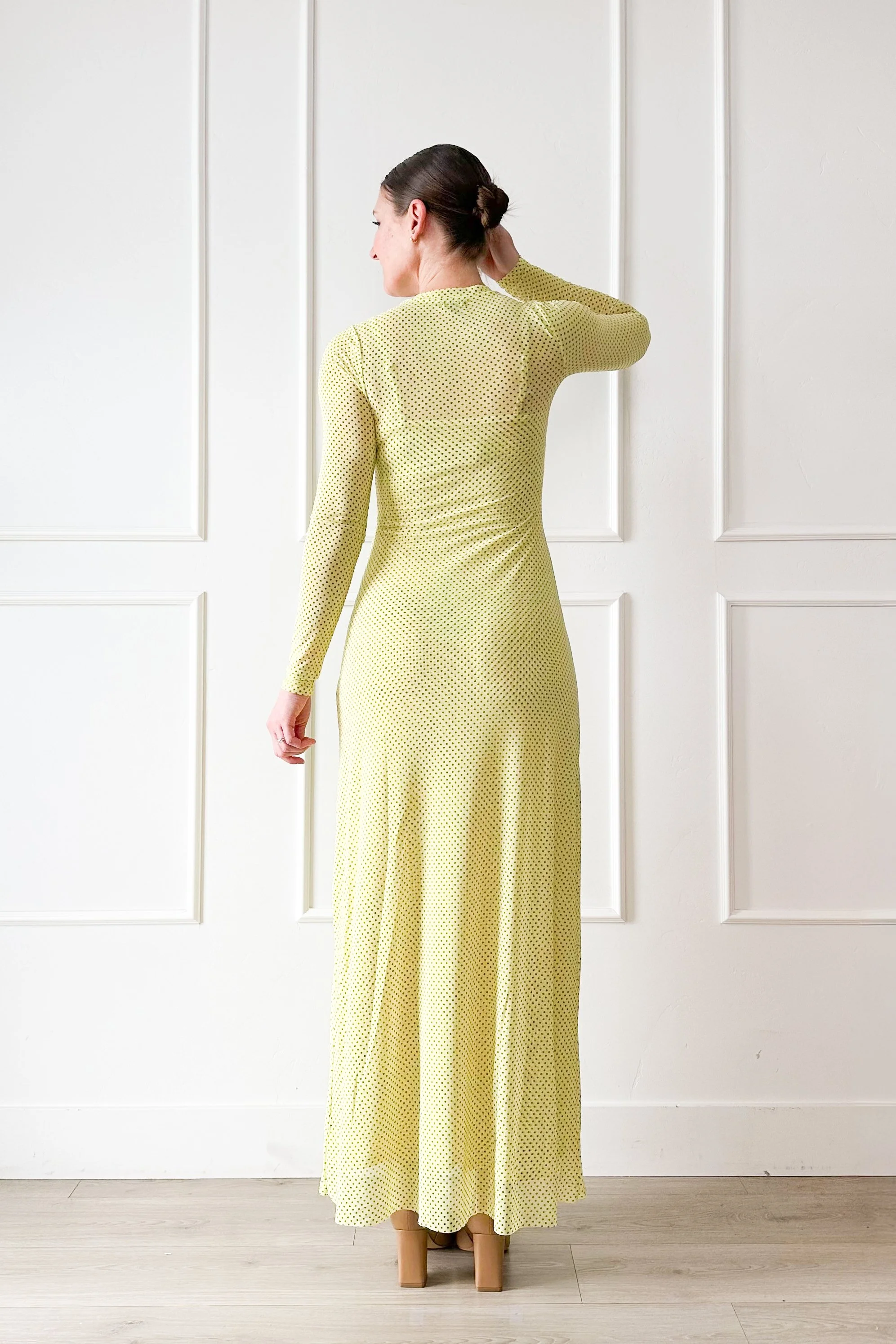 lime green mesh polka dot dress fabric detail