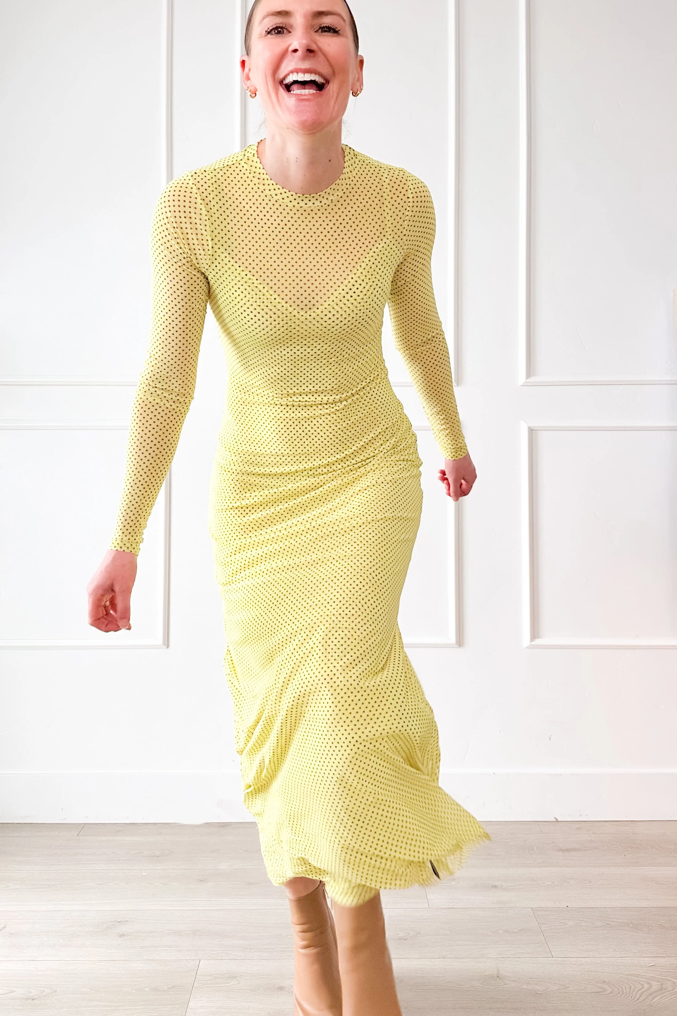 lime green mesh polka dot dress fabric detail