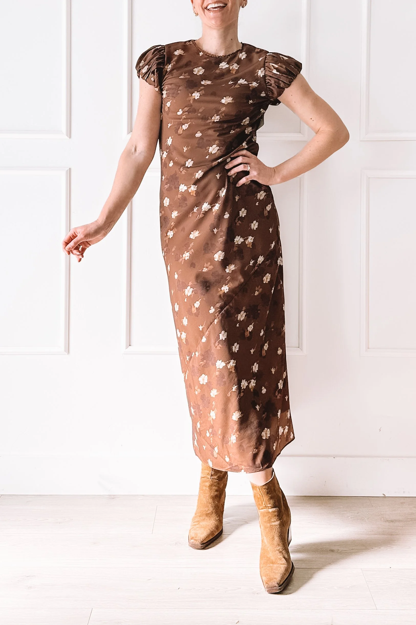 brown floral midi dress outfit