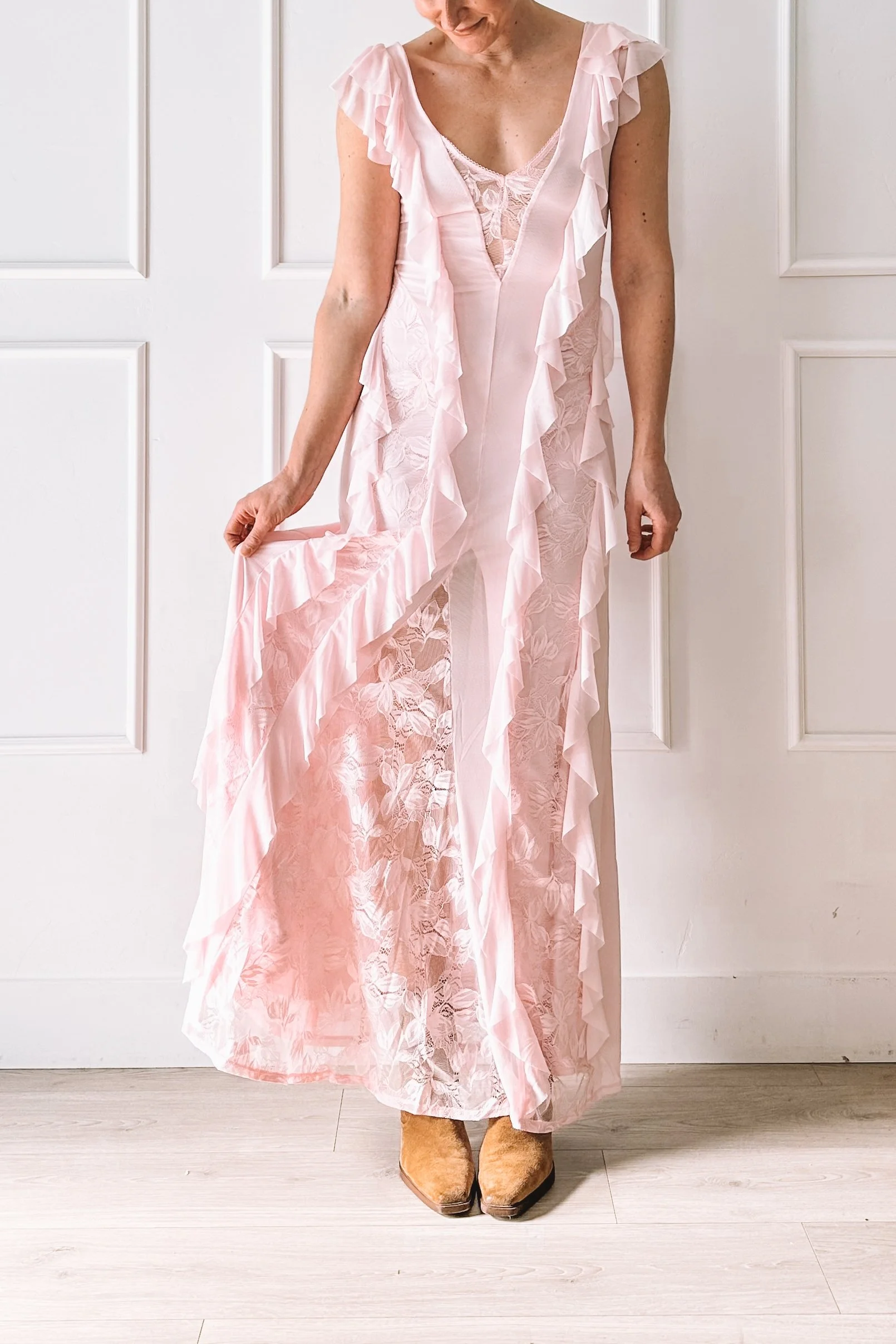 pink lace ruffle maxi easter dress