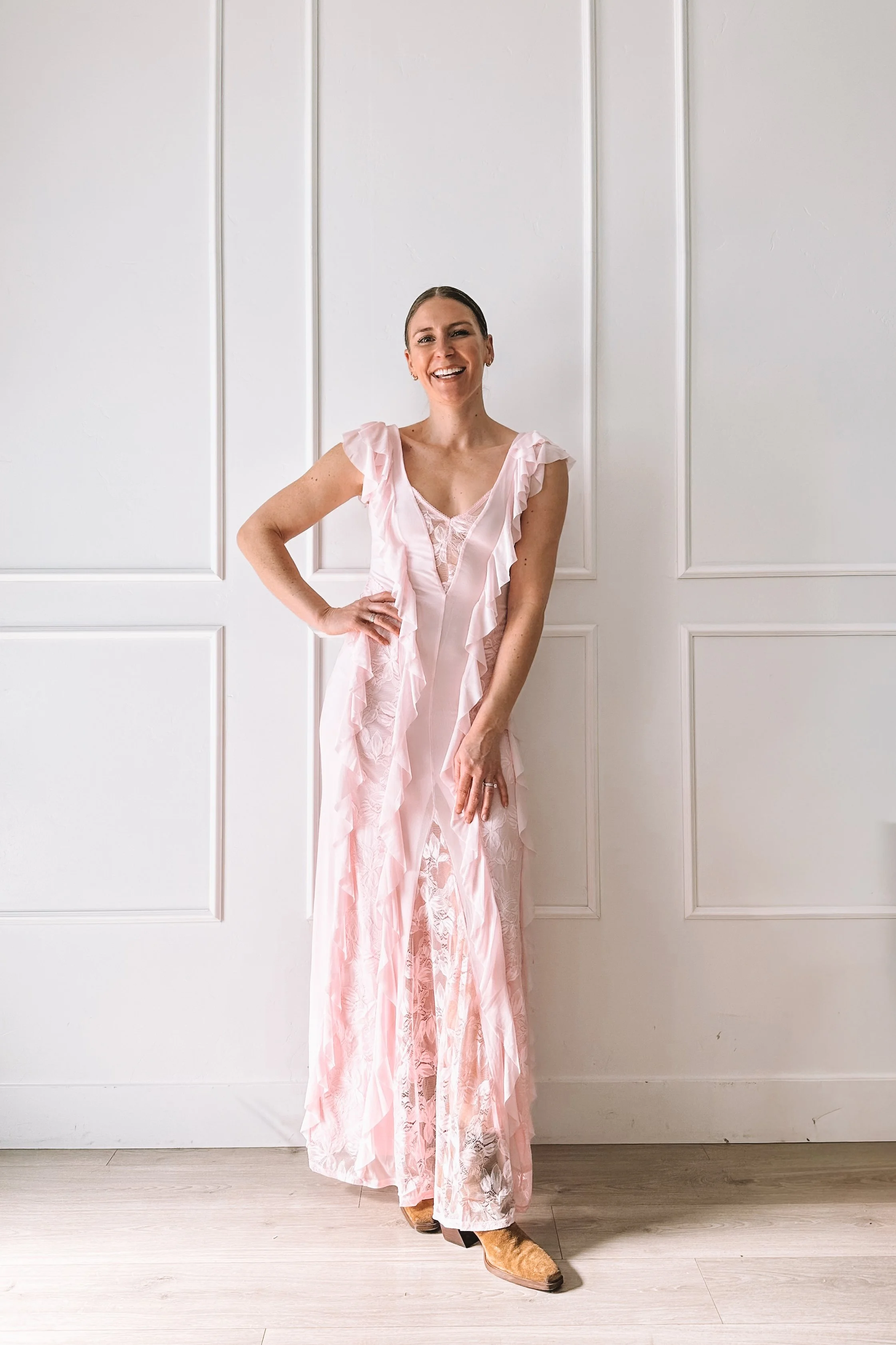 pink lace ruffle maxi easter dress