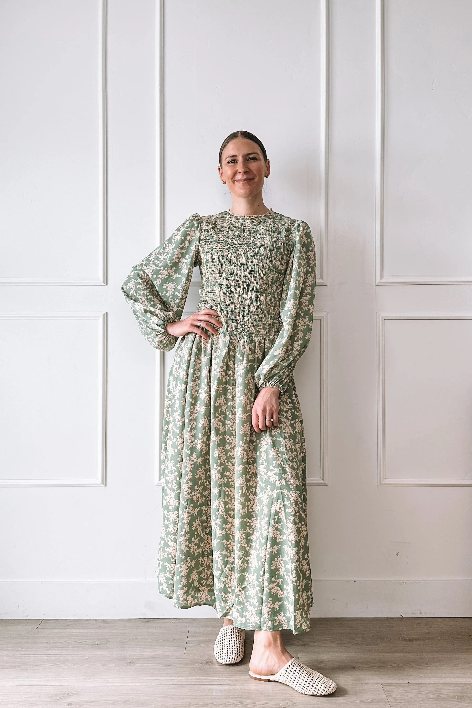 green floral smocked midi dress