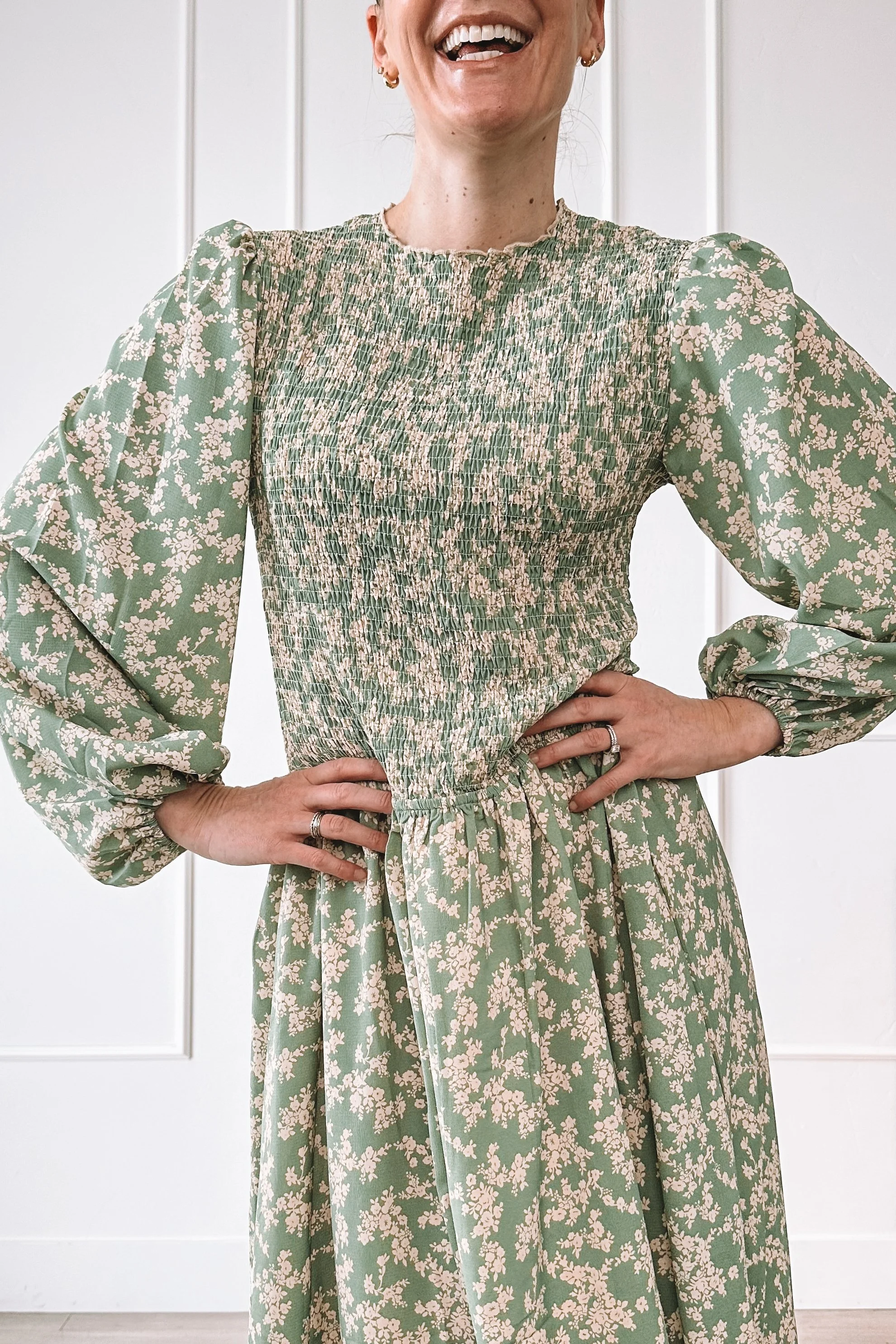 green floral smocked midi dress