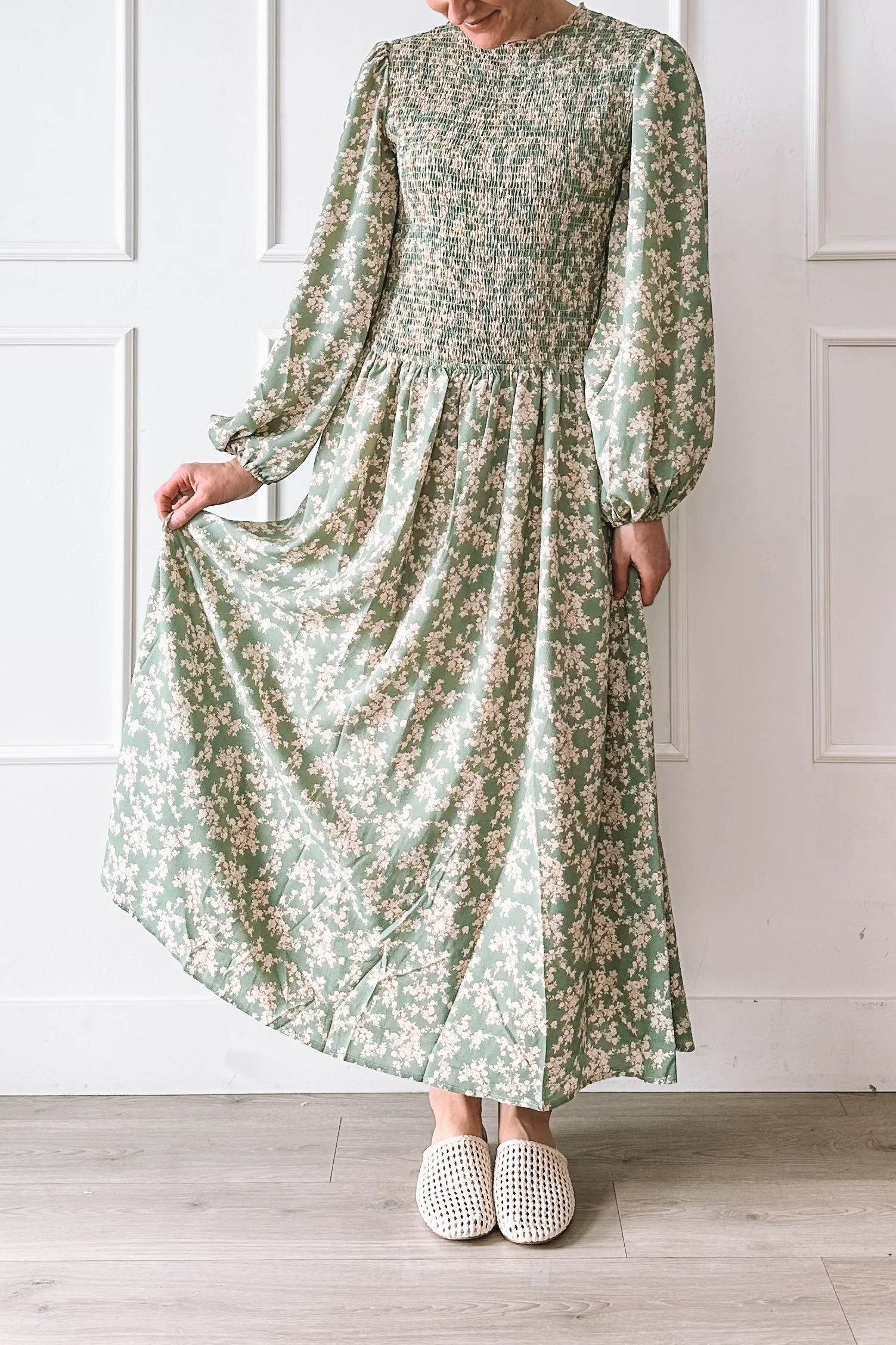 green floral smocked midi dress