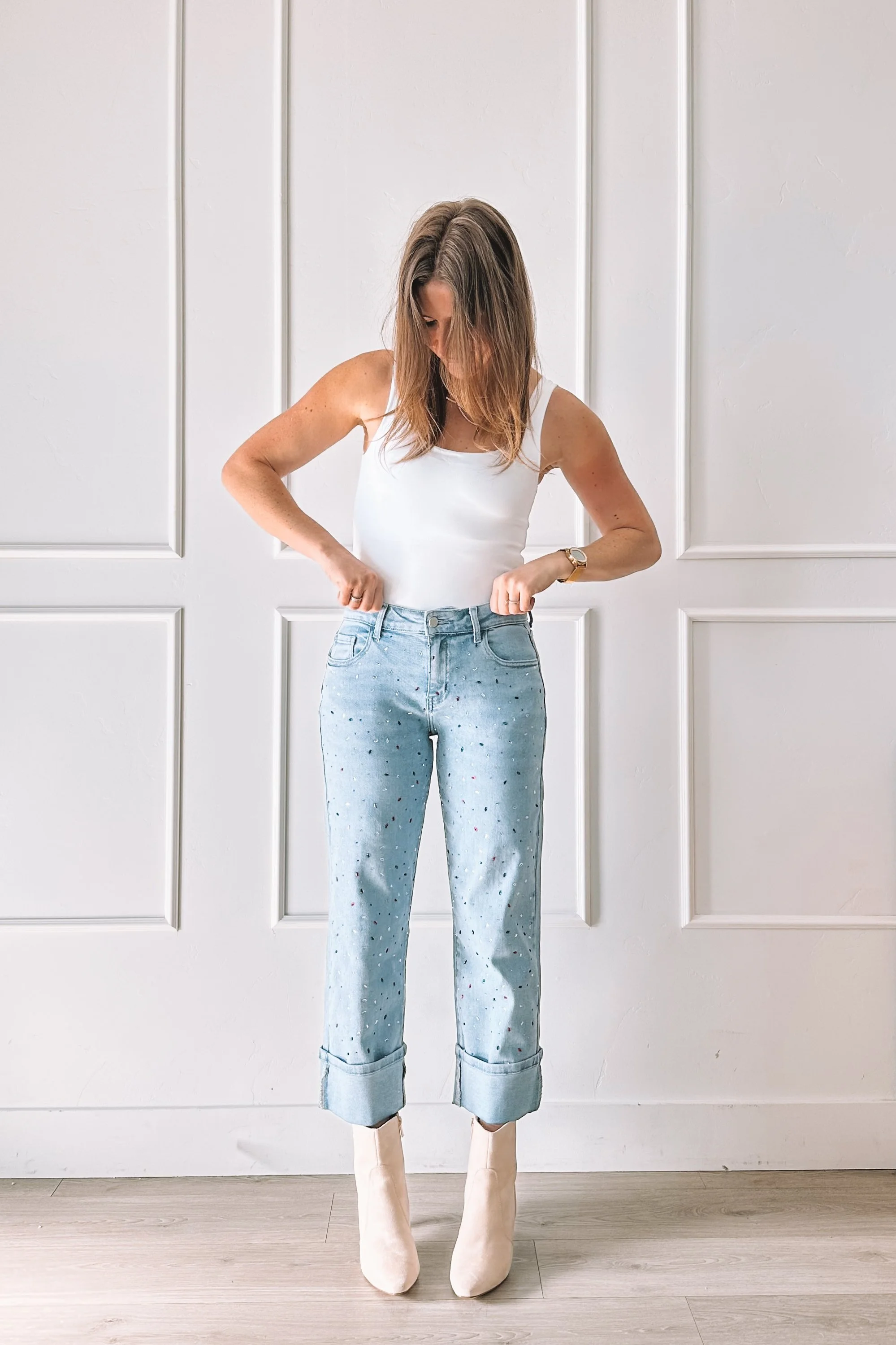 light wash cuffed gemstone jeans