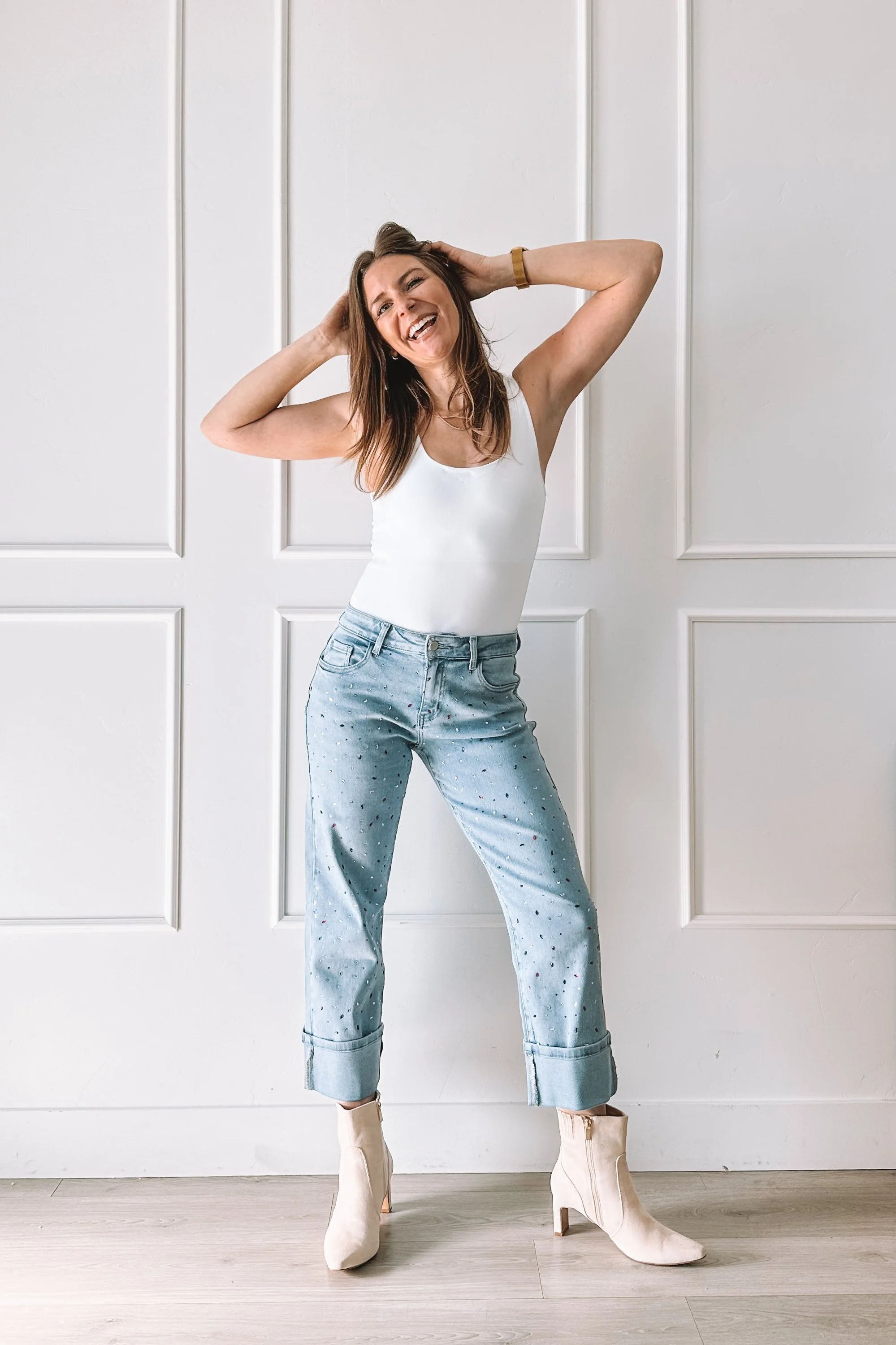 light wash cuffed gemstone jeans