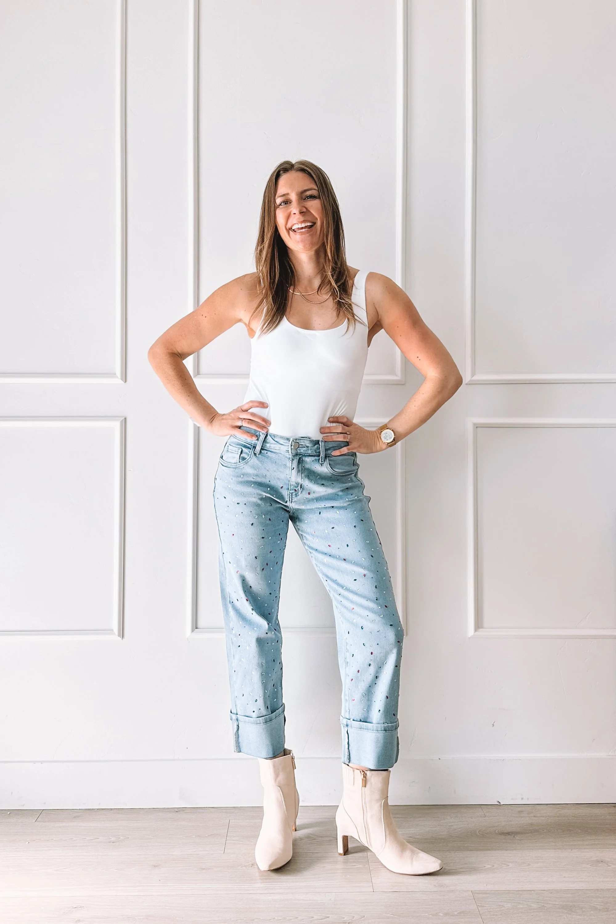 light wash cuffed gemstone jeans