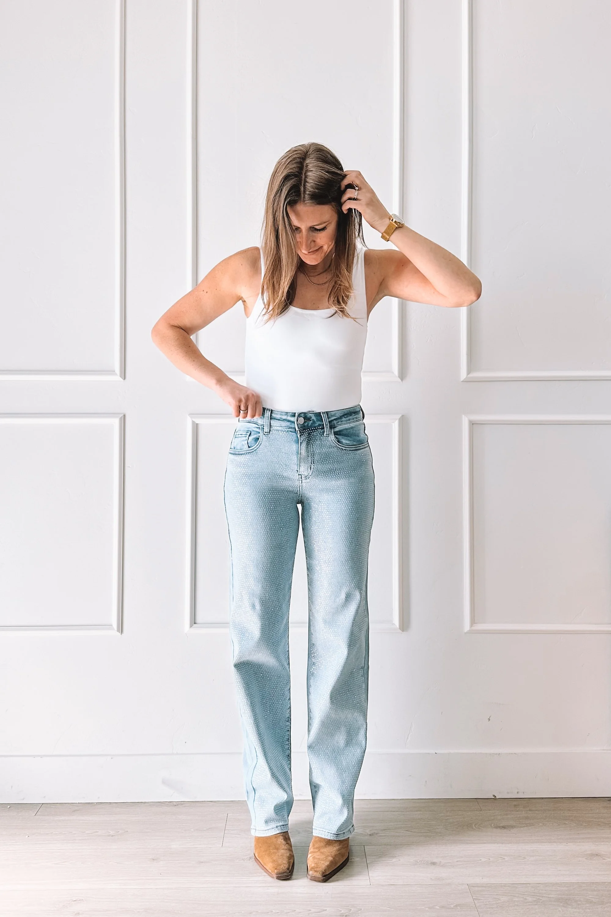 light wash micro gemstone jeans outfit
